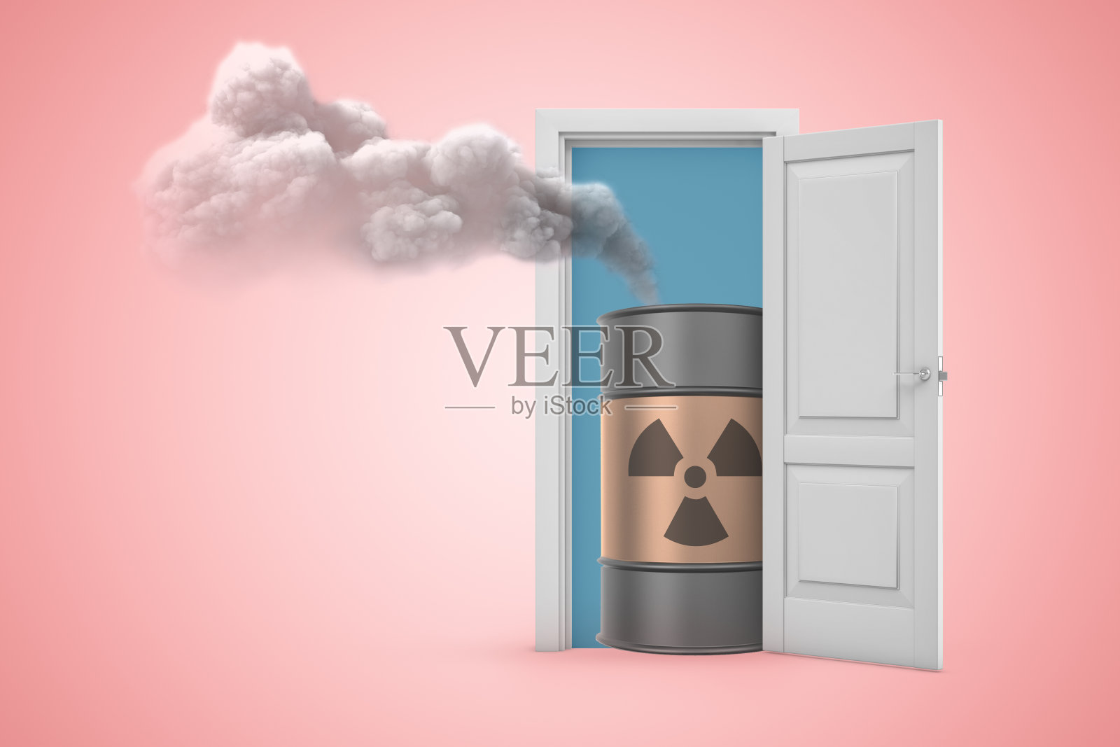 一个白色开放的门与有毒废物桶在浅粉色的背景的3d渲染照片摄影图片