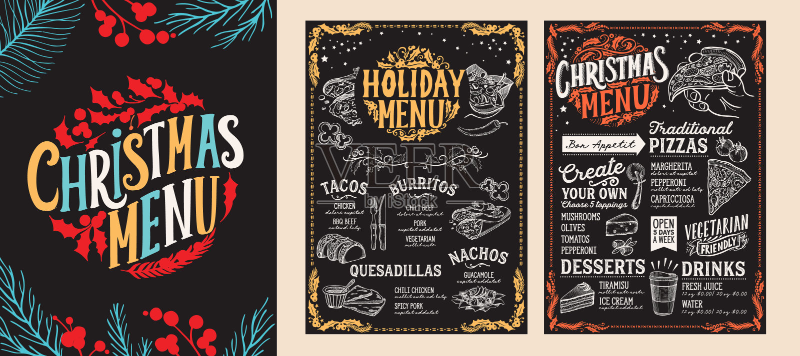 餐厅的圣诞和新年食物菜单模板。矢量插图的节日晚餐庆祝与手绘字母。设计模板素材