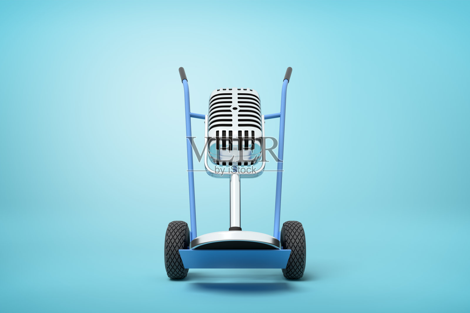 一个老式麦克风的3d渲染在一个手推车上的蓝色背景照片摄影图片