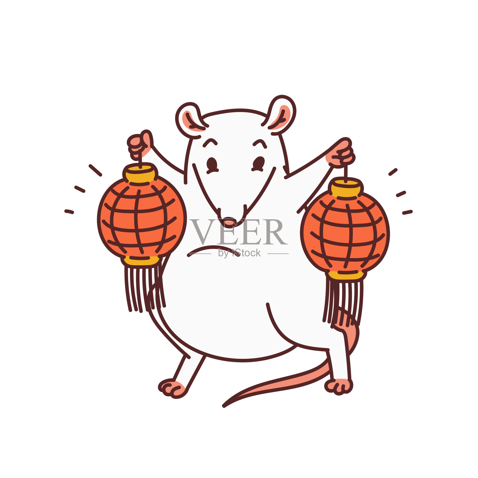 鼠是中国新年的象征。可爱的鼠标与红色的中国灯笼矢量轮廓卡通孤立插图。插画图片素材