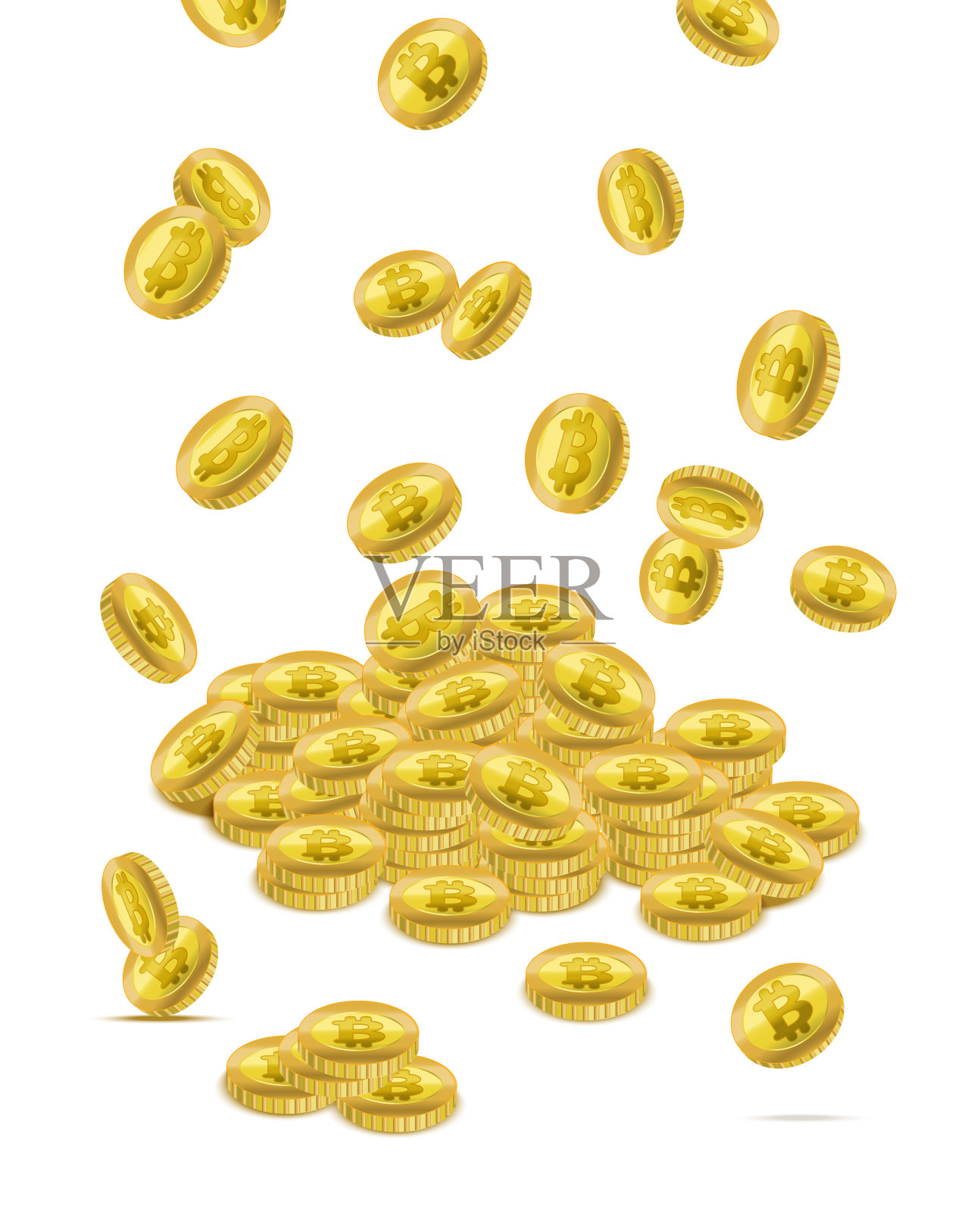 逼真详细的3d黄金比特币不同类型的下落。向量插画图片素材
