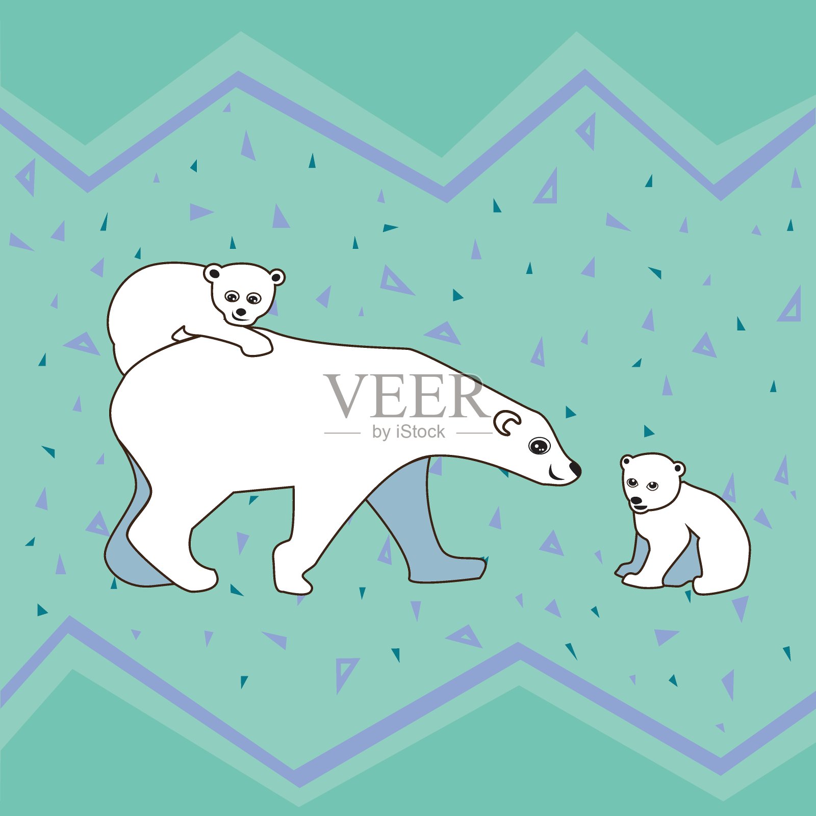 一个向量白色北极熊与幼崽在绿色背景为孩子插画图片素材