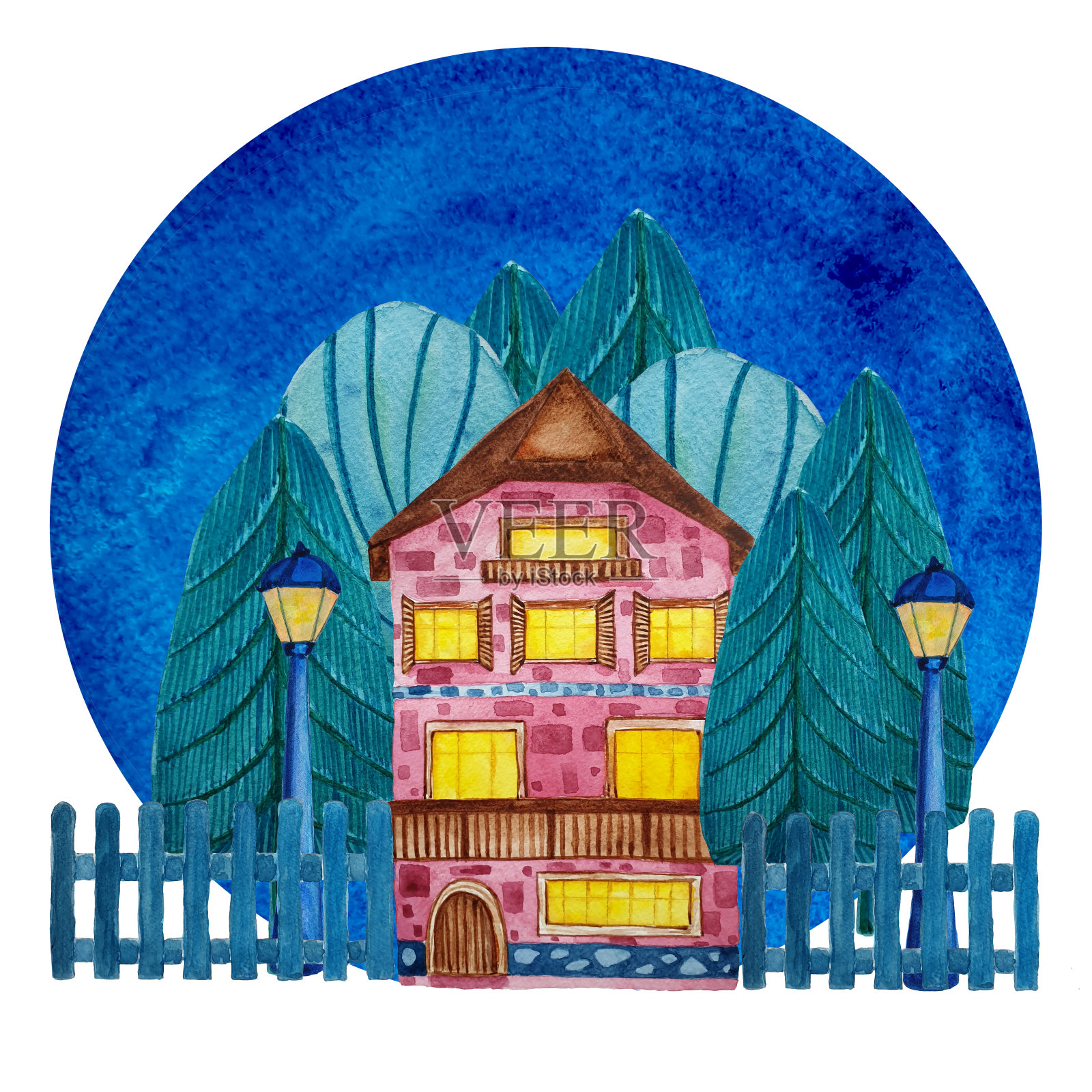 水彩画的房子与瓦屋顶和松树，路灯。插画图片素材