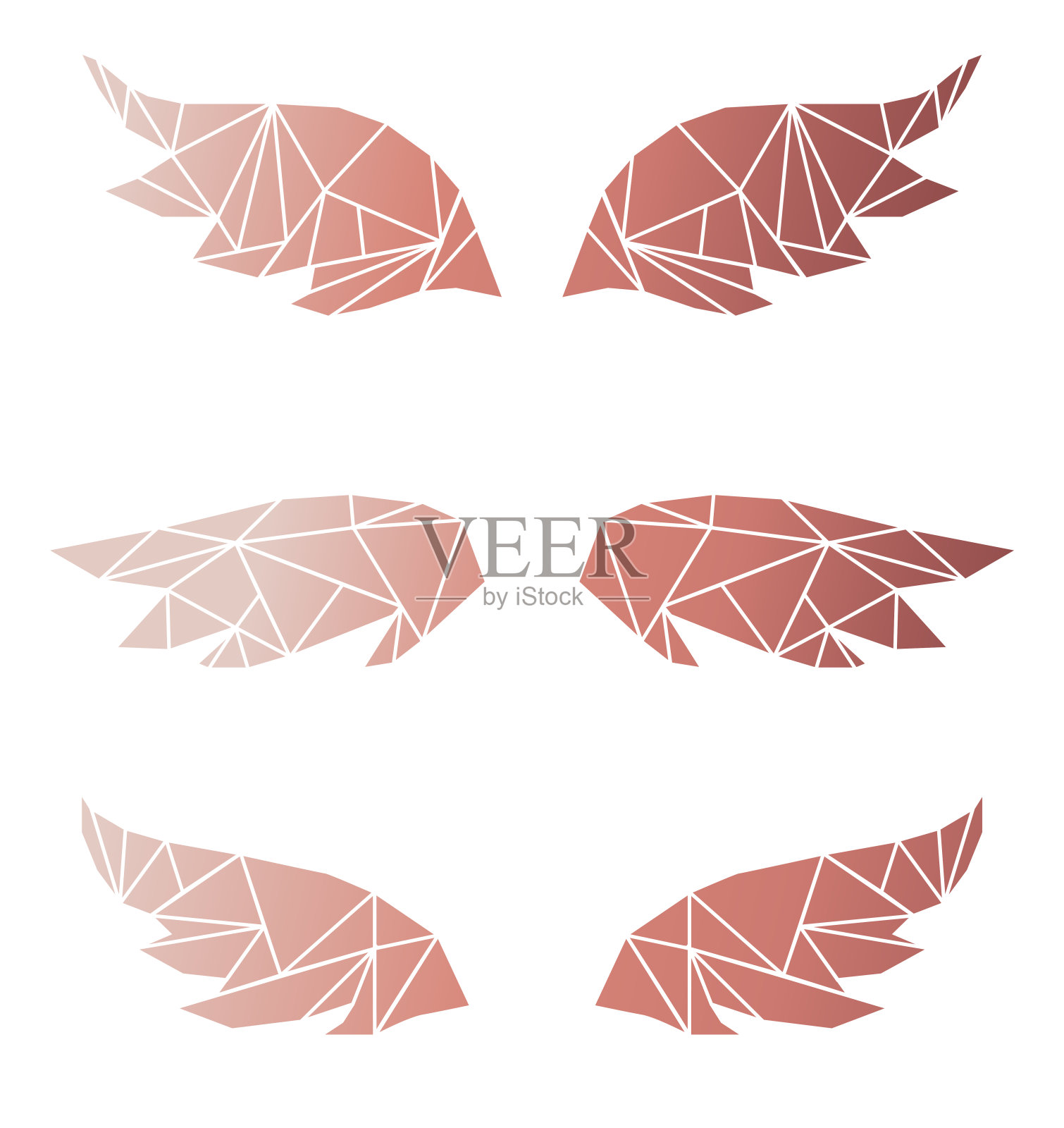 设置抽象几何多边形翅膀，低多边形矢量插图，玫瑰金色翅膀在白色的背景插画图片素材
