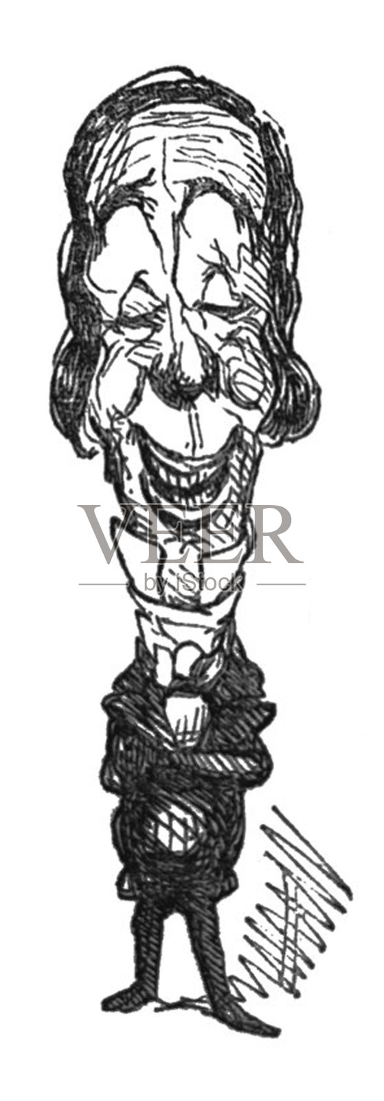 英国讽刺漫画漫画插图-男人在燕尾服与一个非常大的头站在他的双臂交叉插画图片素材