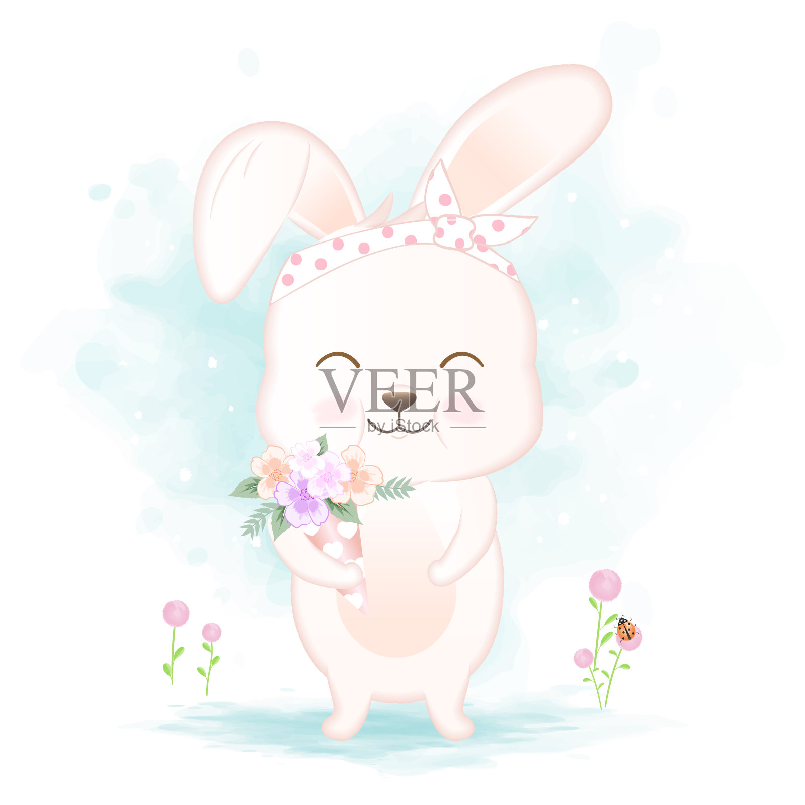 可爱的兔子捧着花束手绘卡通插图设计元素图片