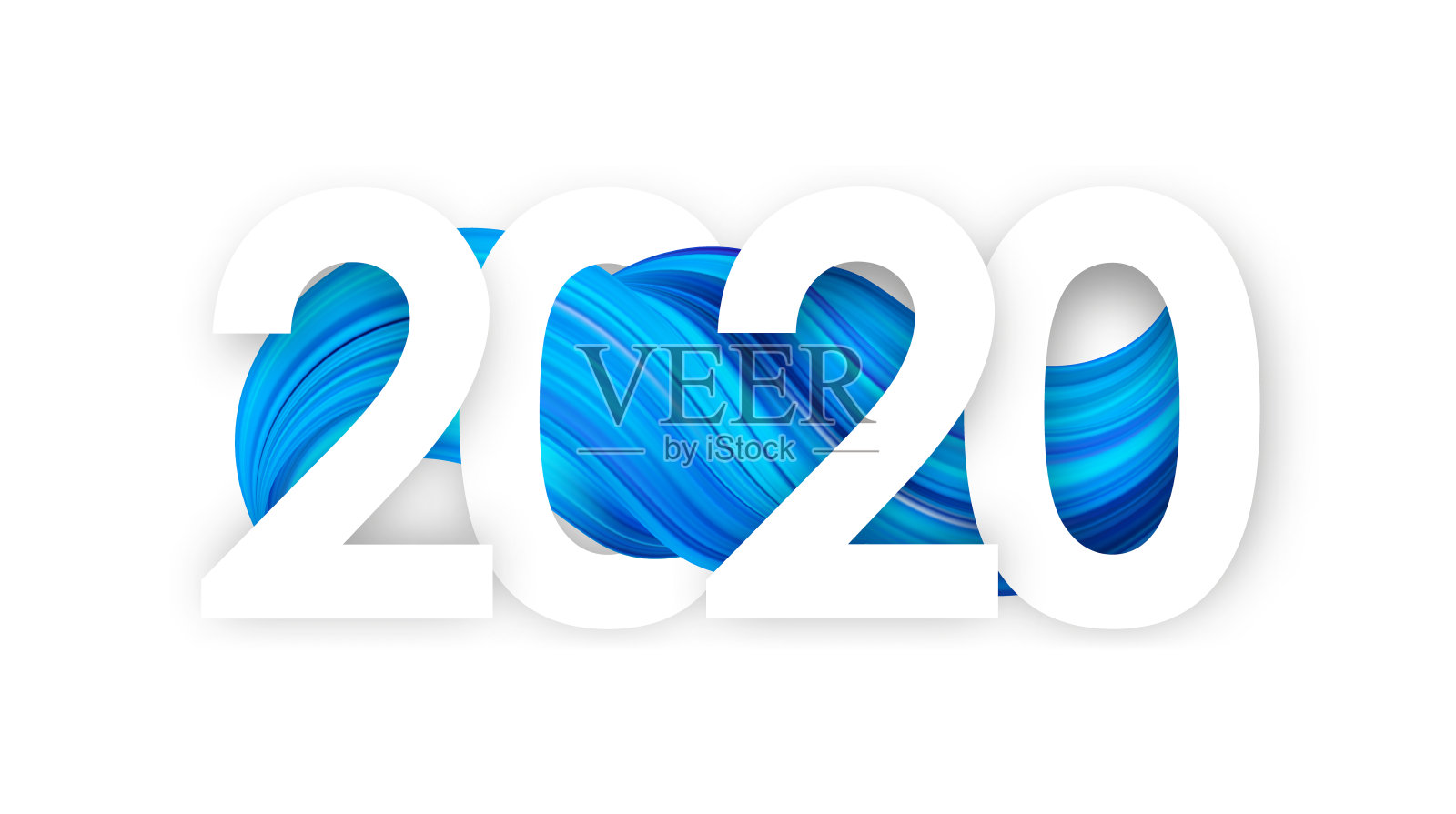 新年快乐。数字2020与蓝色抽象扭曲油漆笔触形状。时尚的设计插画图片素材