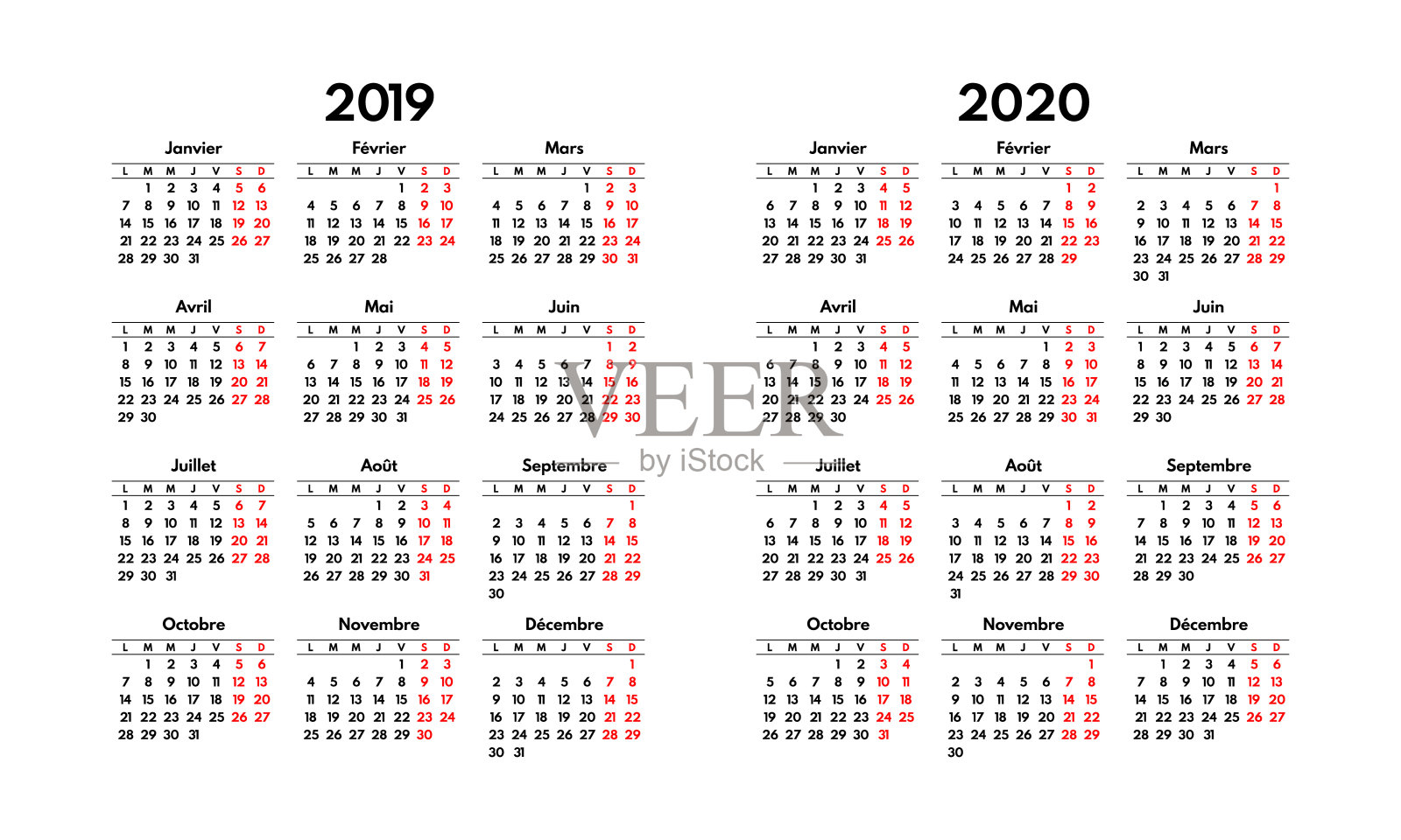 简单的2019 2020法国日历网格，周一开始，两个周末设计模板素材