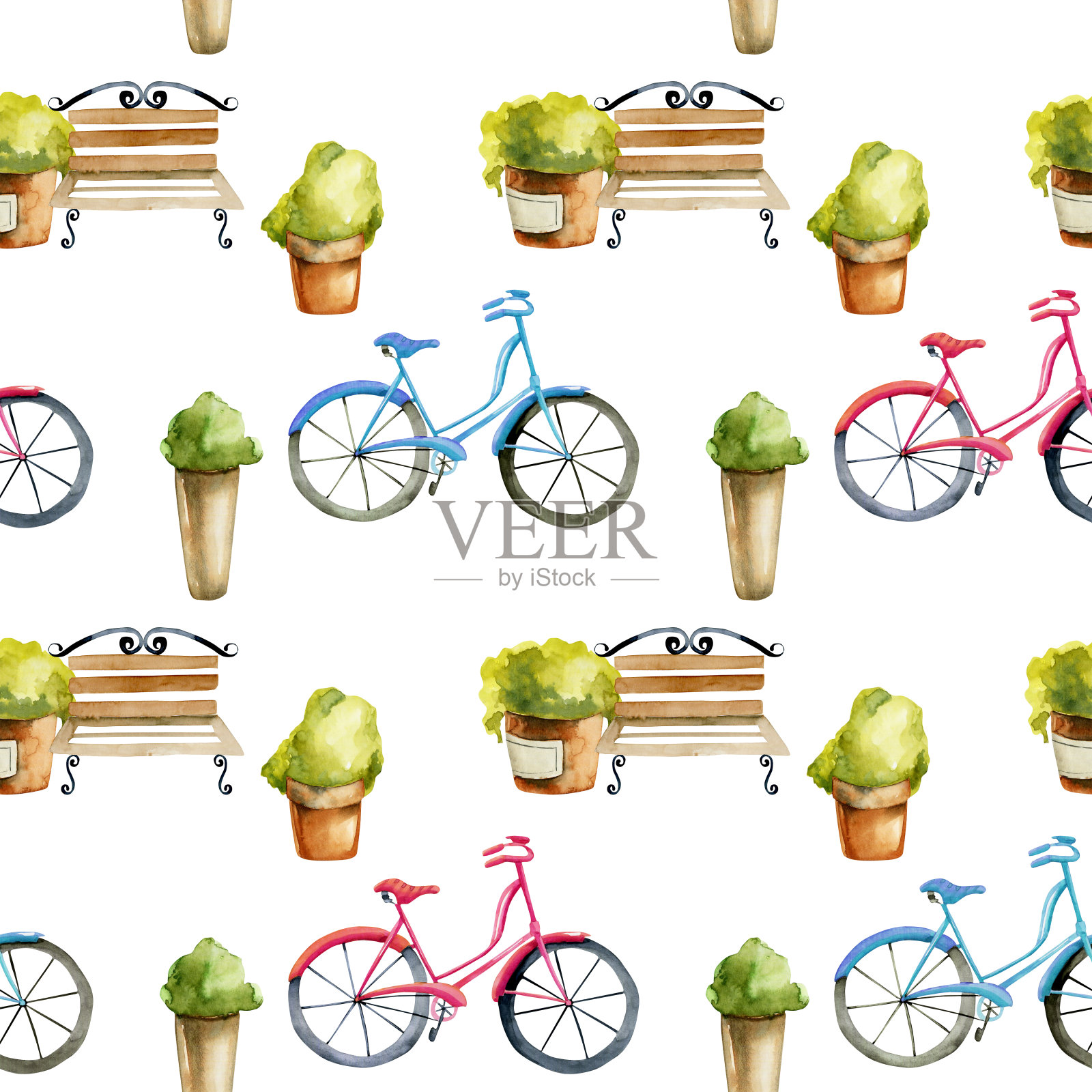 陶罐水彩长椅、自行车、植物无缝图案;斯堪的纳维亚街道图案，手绘在白色背景上插画图片素材