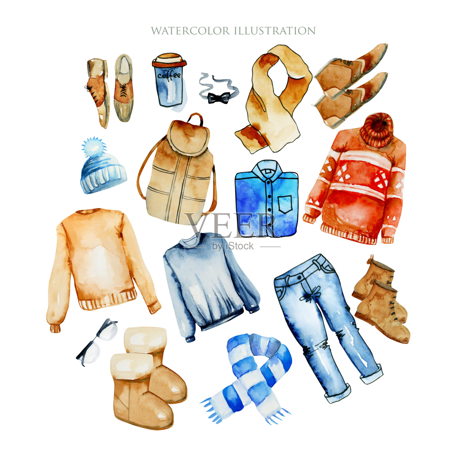 水彩冬季男子服装插图收集，服装布局，手绘在一个白色的背景插画图片素材