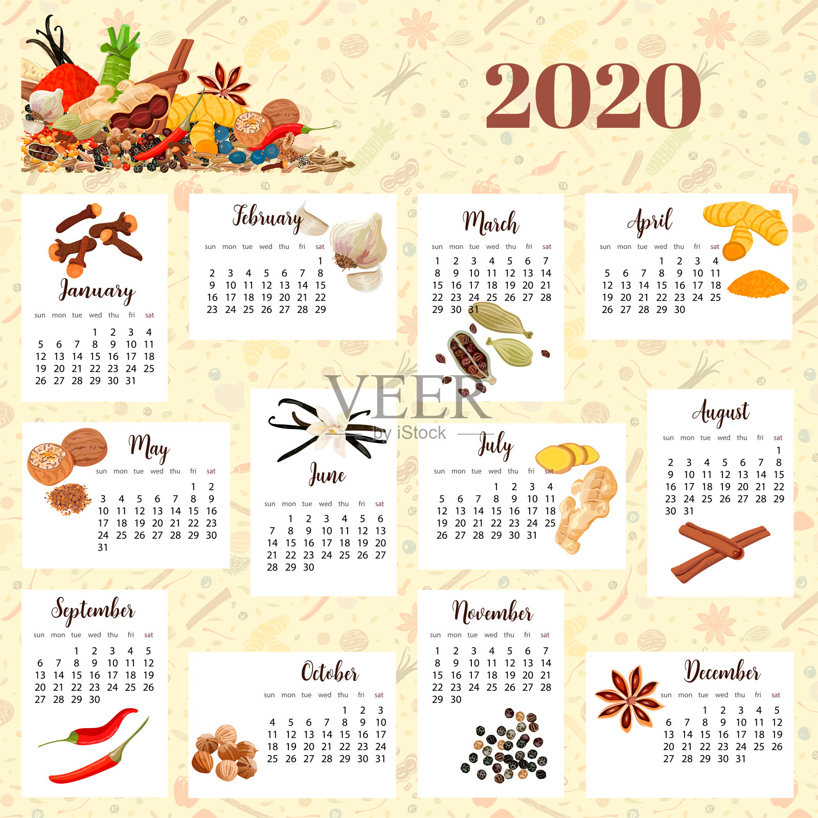 2020日历厨房插图。矢量设计。英语月、日。打印的基本网格模板。周插画图片素材