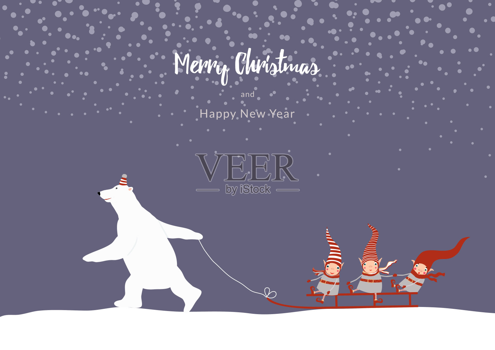 股票矢量插图与冬季景观。北极熊拉雪橇3个可爱的圣诞精灵。插画图片素材