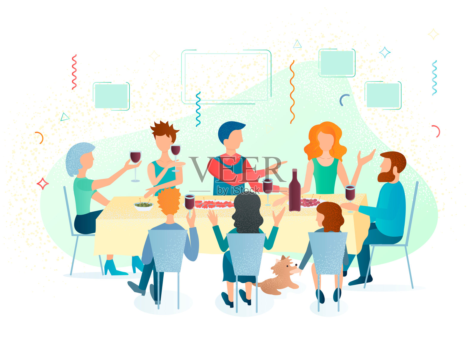 家人和朋友聚在节日的餐桌上，逗趣的人，喝葡萄酒，一起庆祝活动。插画图片素材