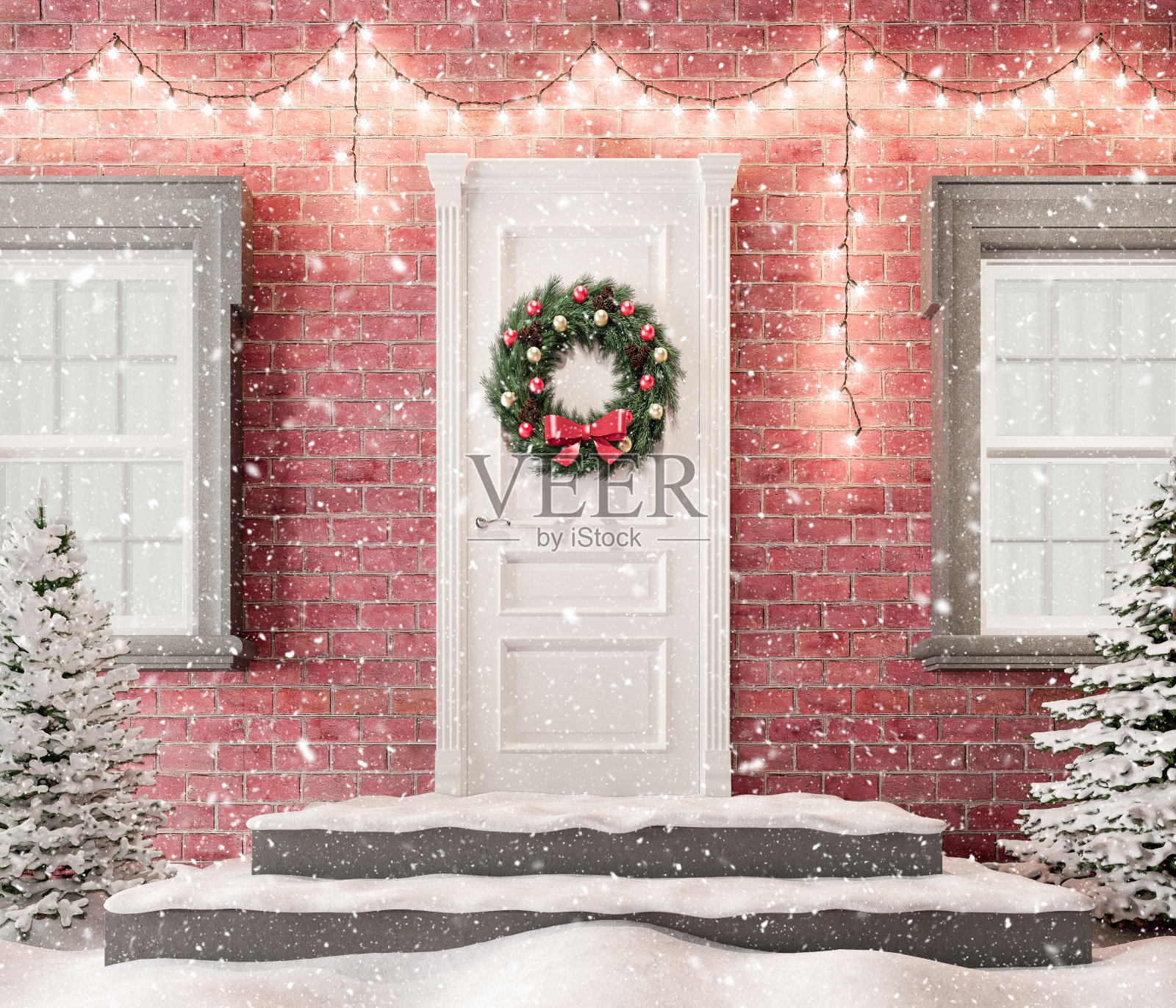 白色前门与圣诞花环和节日装饰在假日雪夜3d渲染照片摄影图片