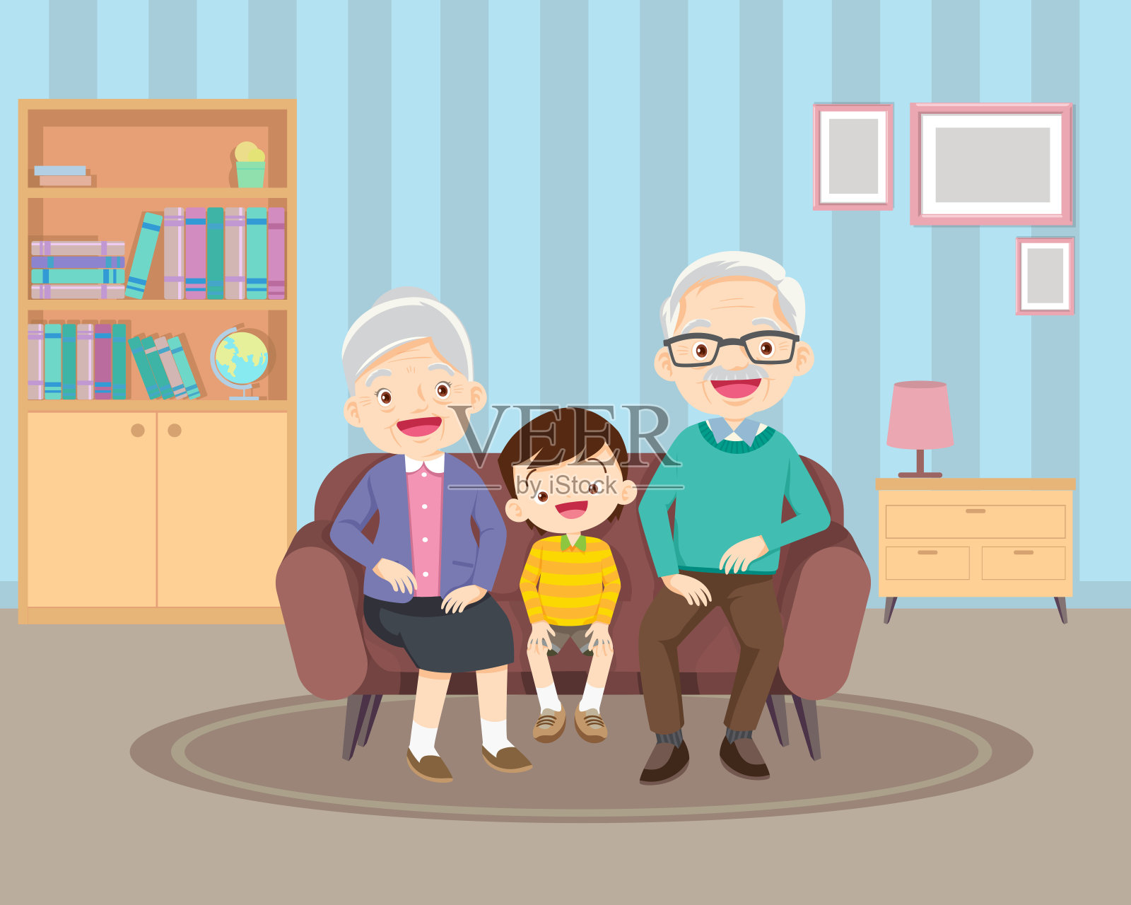 爷爷奶奶和他们的孩子坐在沙发上插画图片素材