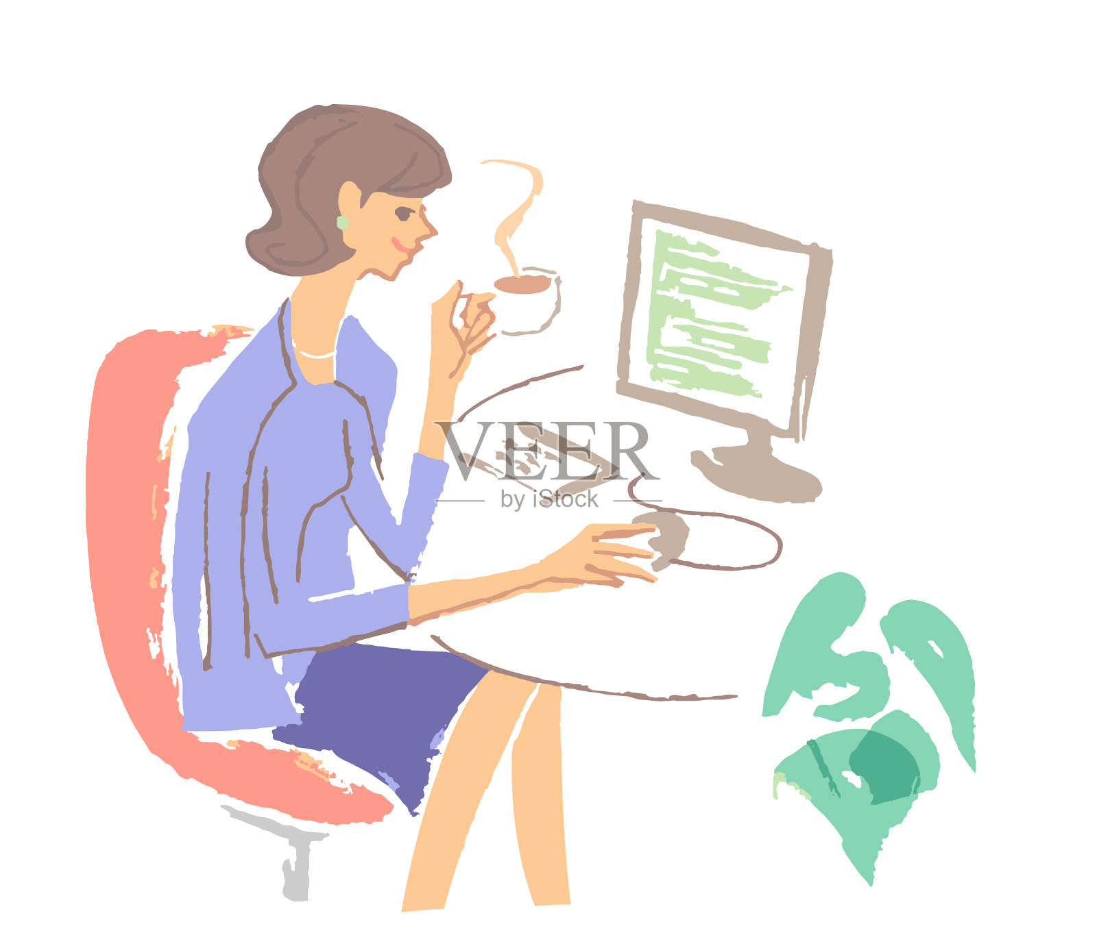 一边喝茶一边操作电脑的女人插画图片素材