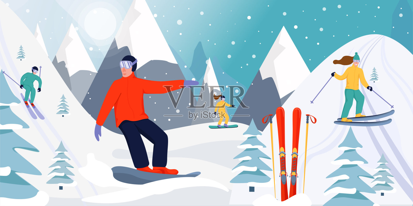 滑雪胜地横幅插图。滑雪者和滑雪板运动员滑下斜坡。在山上滑雪和滑雪。设计模板素材