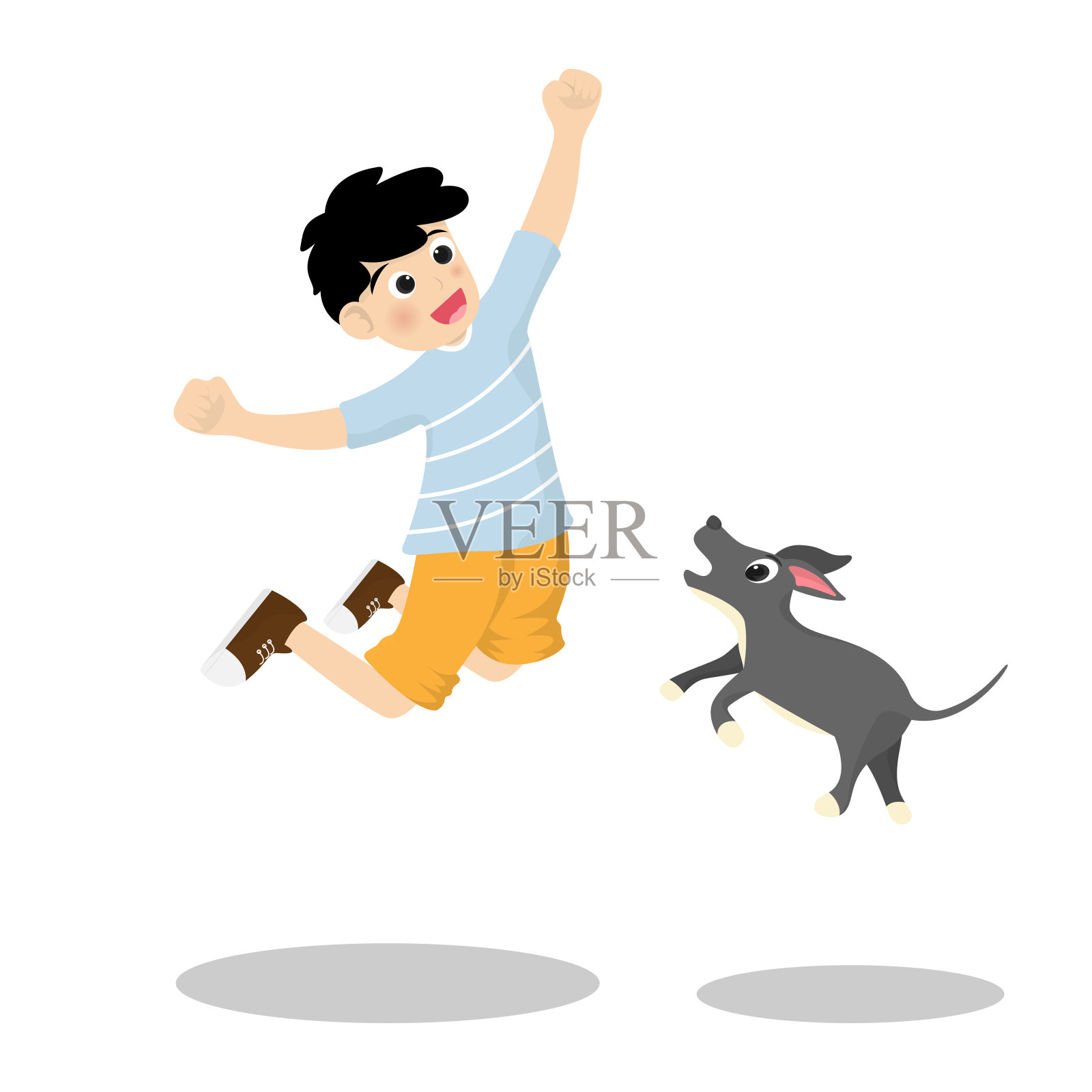 小男孩开心的跳着，快乐的和狗在一起孤立的背景。矢量插图在卡通人物扁平风格。插画图片素材