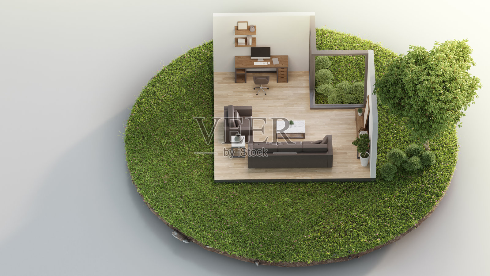 在房地产销售或房地产投资的概念中，家庭办公室和客厅靠近大树在小小的土地上与绿草。照片摄影图片