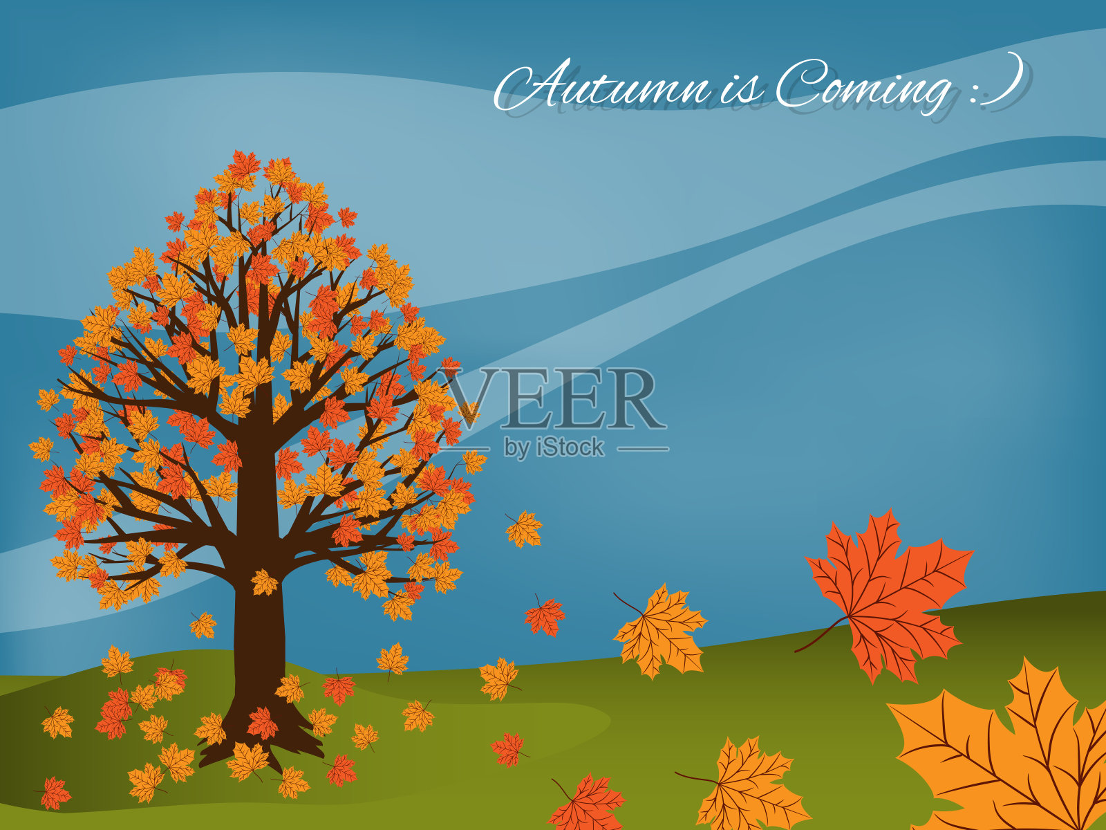 秋天的风景背景与秋天即将来临的文字。矢量插图。插画图片素材