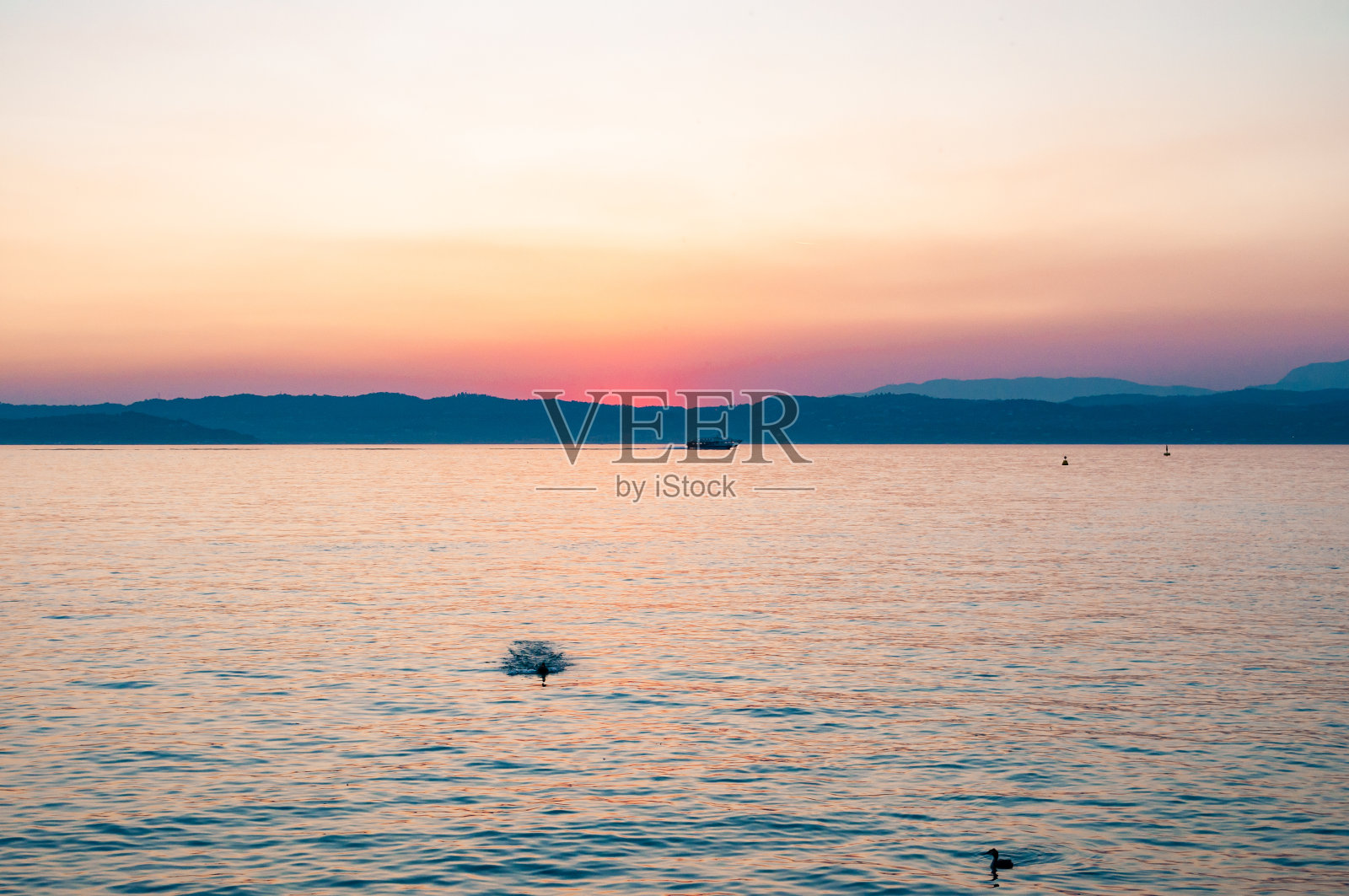 加尔达湖上的日落，漂浮着船只，淡水鸟在水面上休息，地平线上的白云岩山。意大利伦巴第照片摄影图片