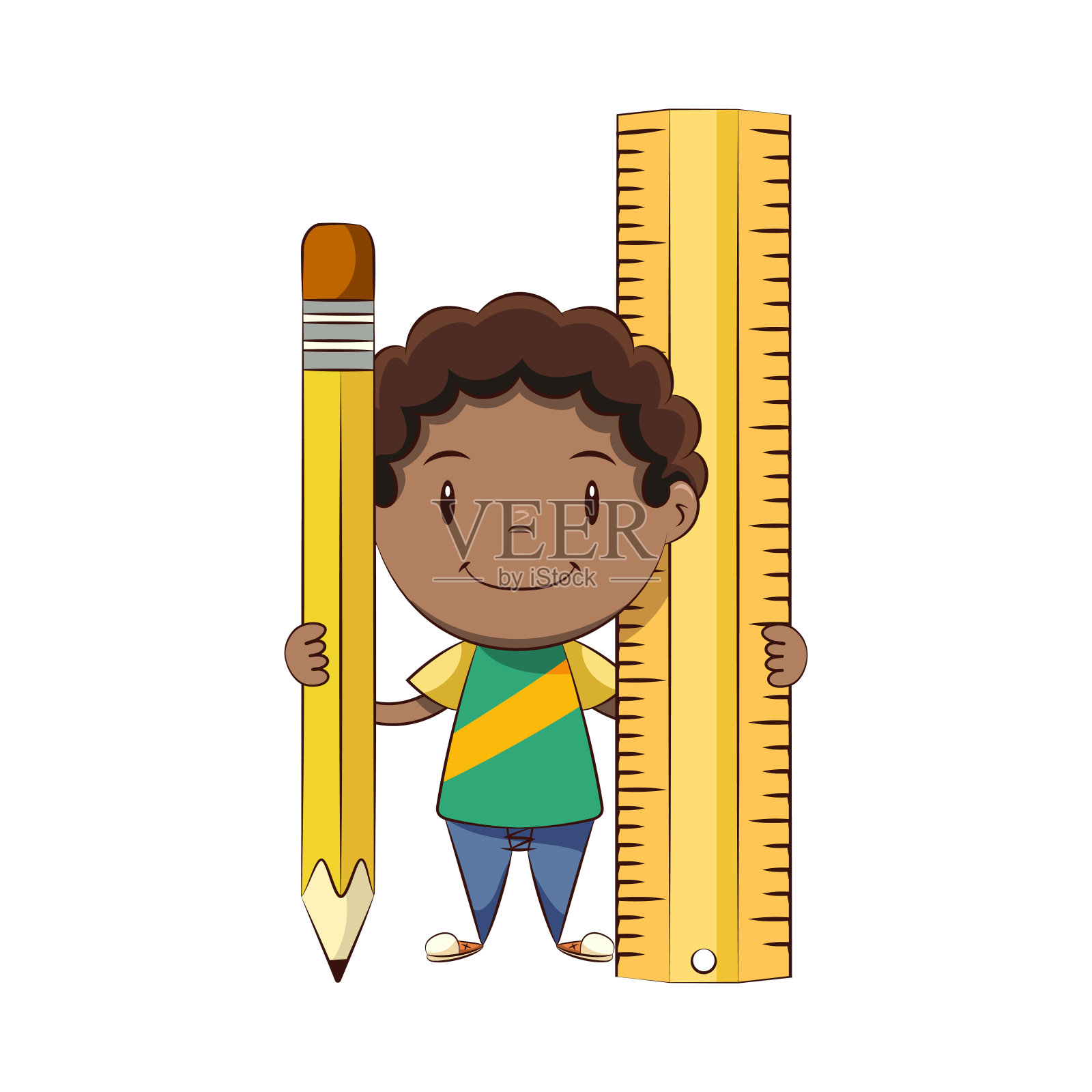 男孩拿着大铅笔和尺子，快乐可爱的孩子设计元素图片