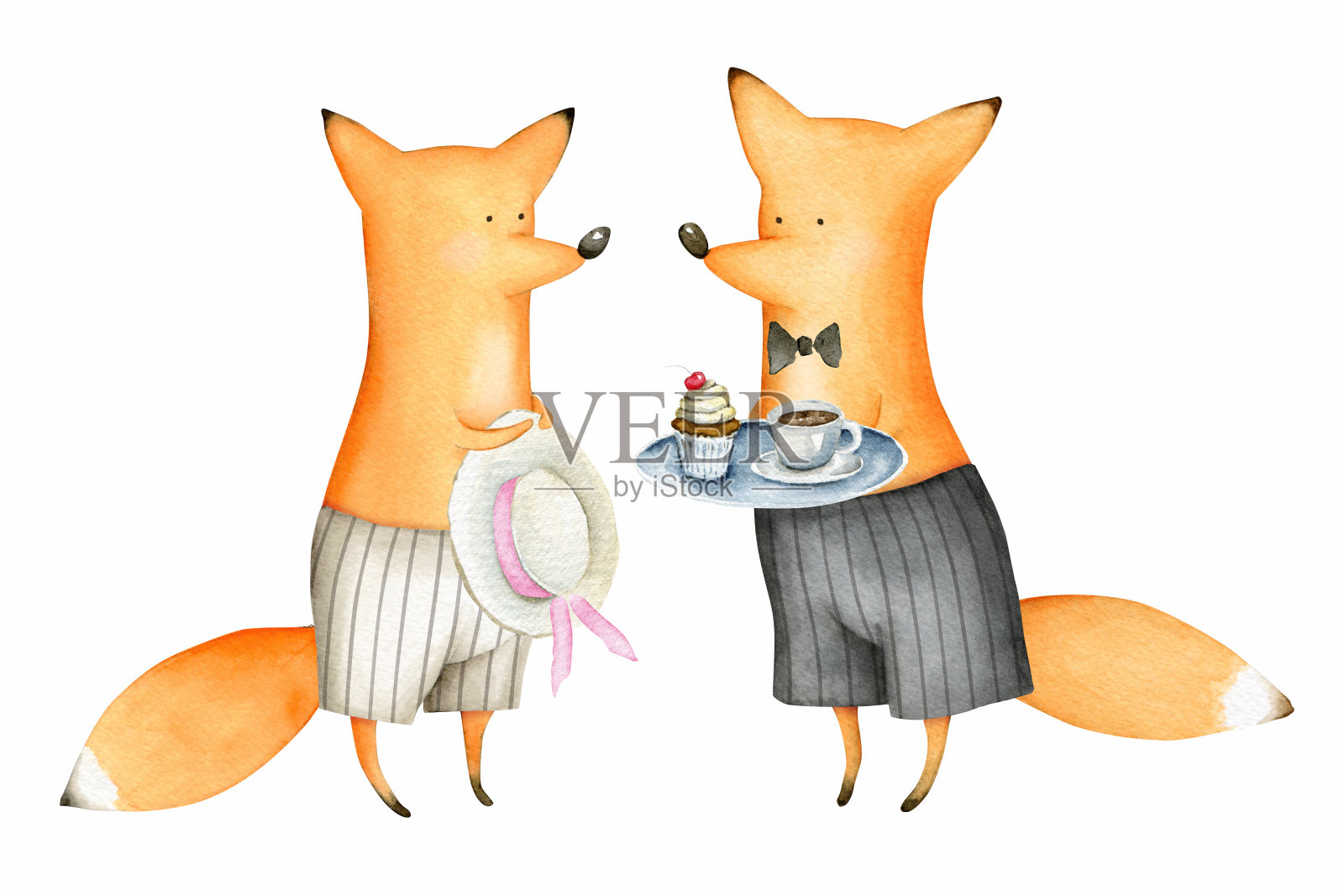可爱和有趣的水彩狐。动物插画图片素材