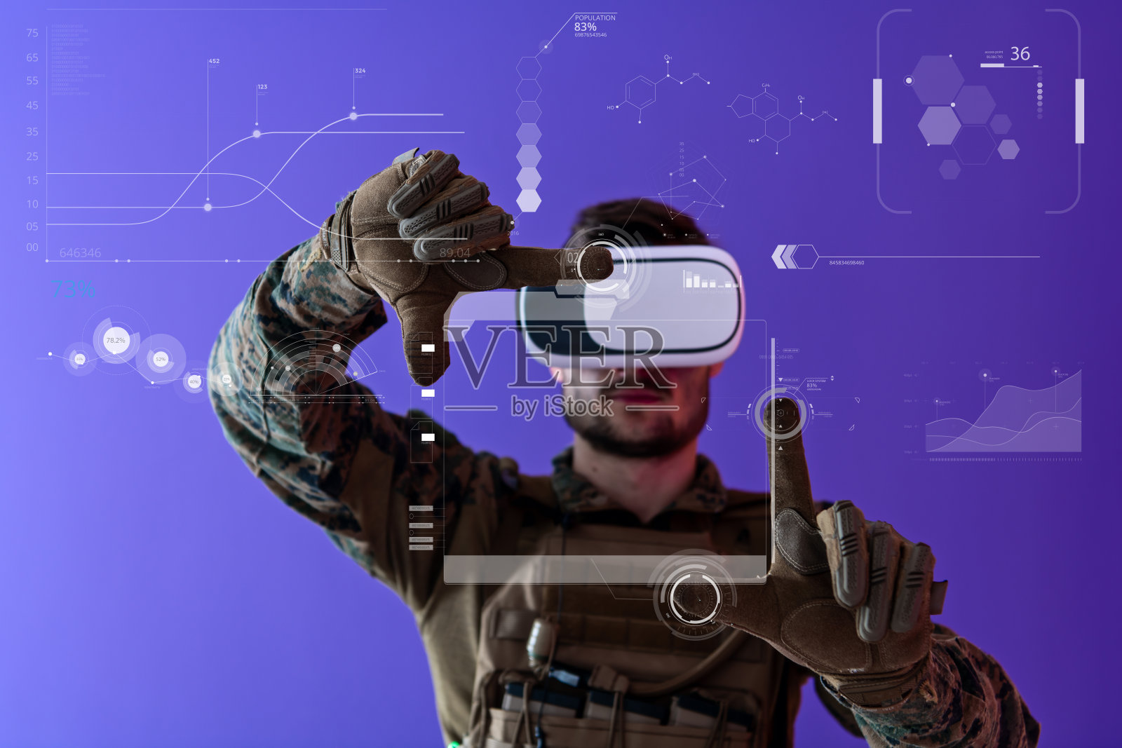 士兵使用虚拟现实头盔的紫色背景照片摄影图片