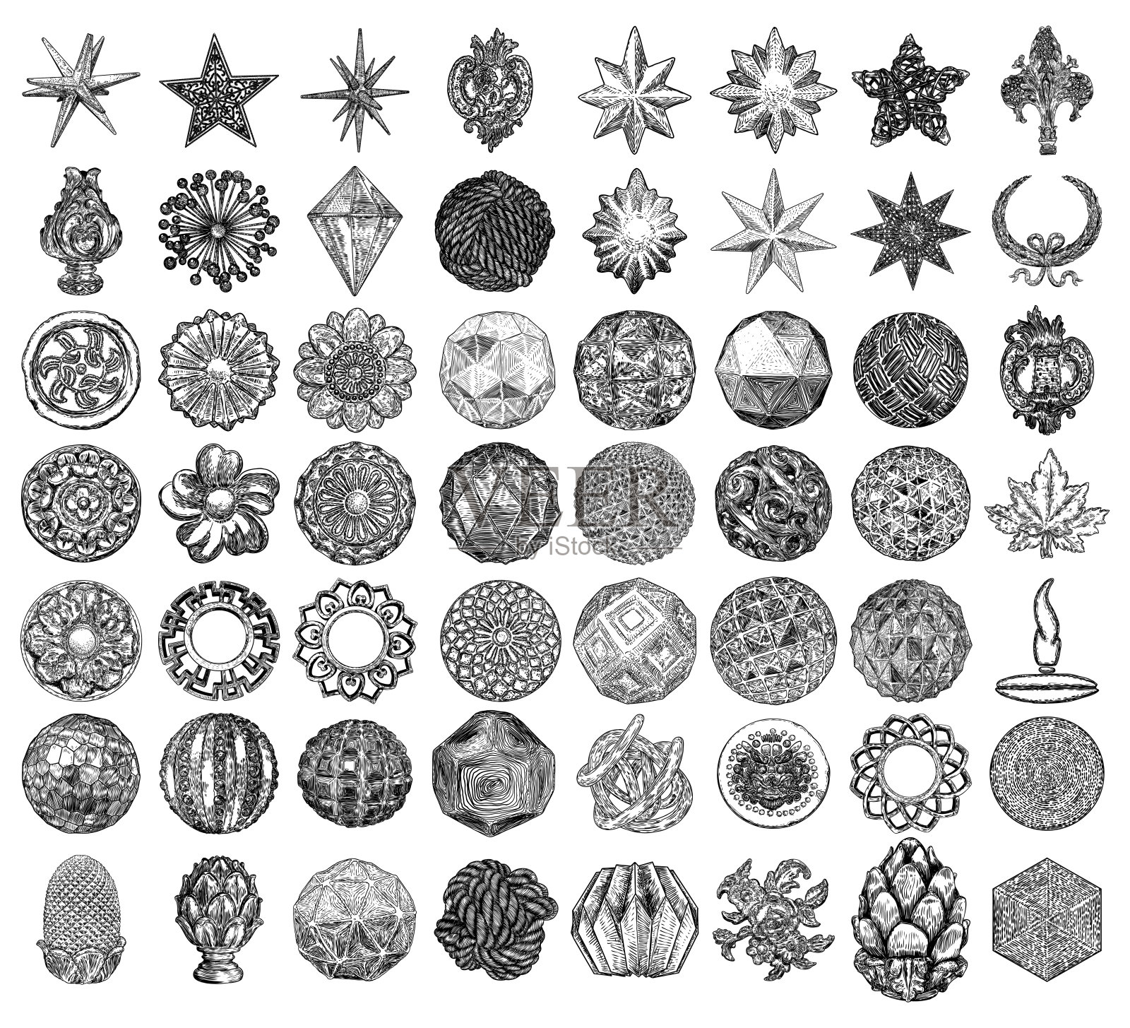 一套复古风格的花圆形铸造石头和华丽的天花板设计元素。低聚几何形状的星星晶体，用于圣诞节和其他装饰图纸。向量。插画图片素材