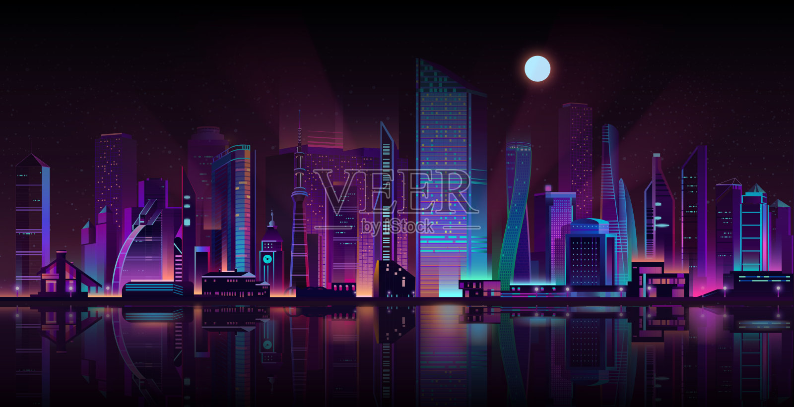 都市夜景霓虹卡通矢量插画图片素材
