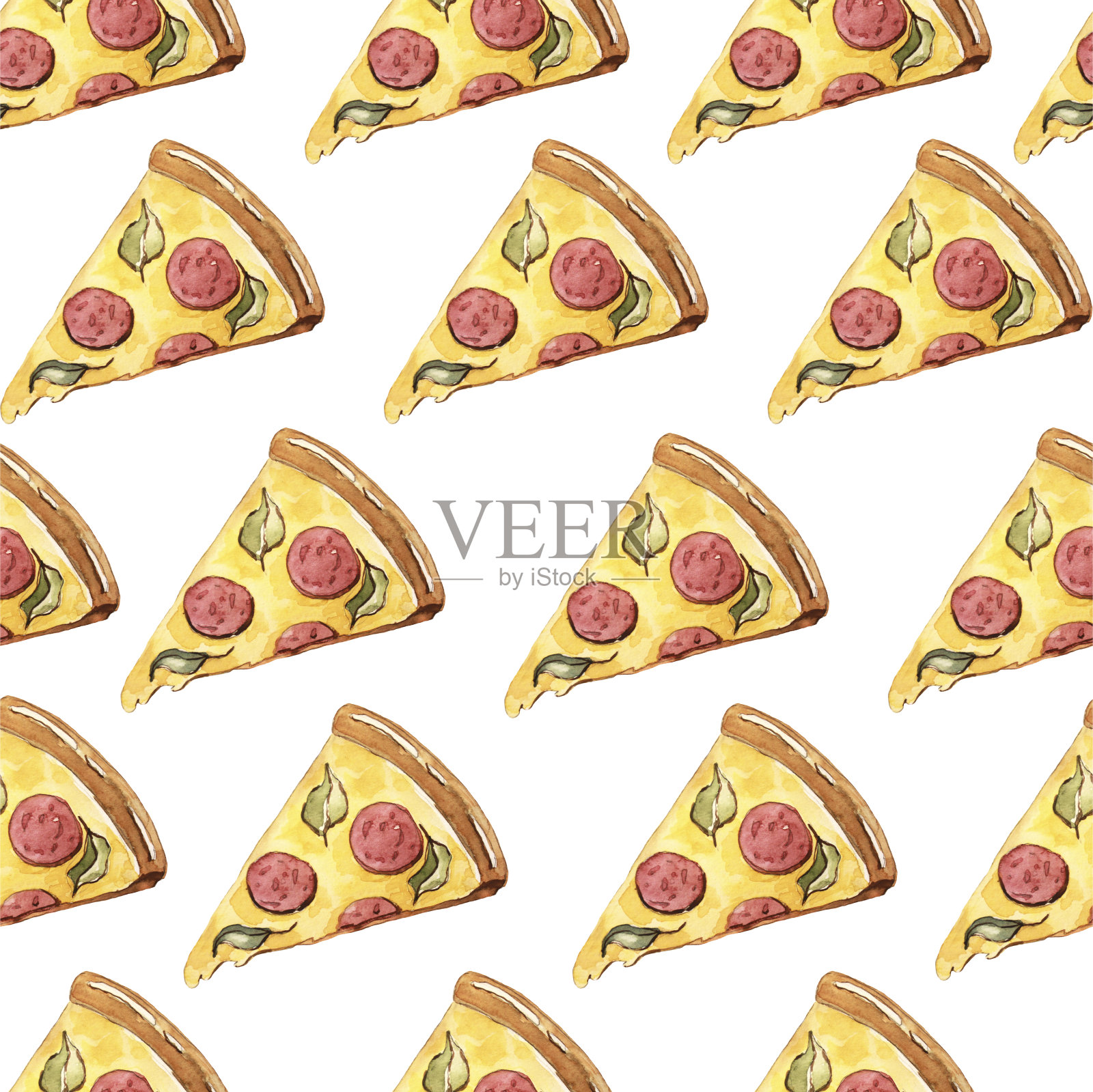 无缝模式与一片意大利辣香肠披萨在水彩插画图片素材