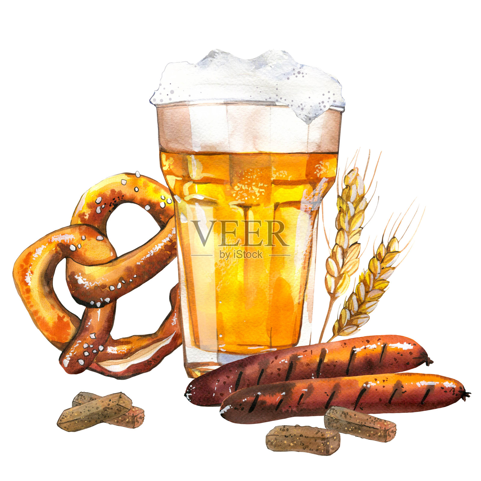 啤酒节。水彩插图杯啤酒和零食:香肠，椒盐卷饼，薯条在独特的风格的酒吧。庆祝饮品菜单。啤酒聚会海报。插画图片素材