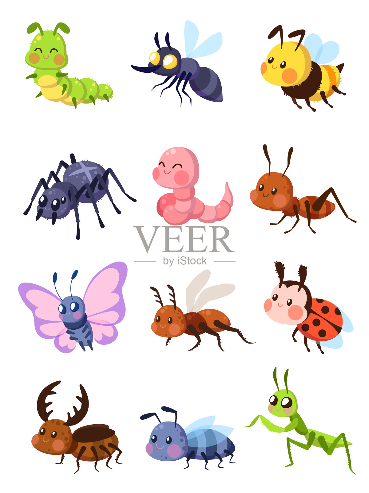 卡通昆虫。可爱的蚱蜢和瓢虫，毛毛虫和蝴蝶。蚊子,蜘蛛。苍蝇，蚂蚁和螳螂向量集插画图片素材