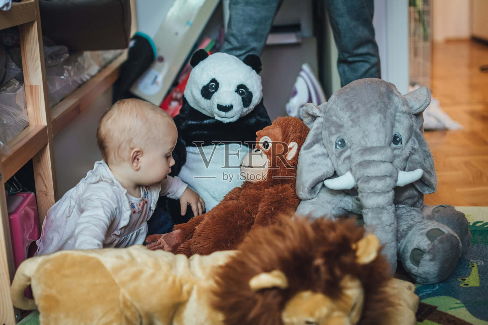 可爱的宝宝坐在阳光明媚的卧室的地板上玩着许多动物玩具照片摄影图片