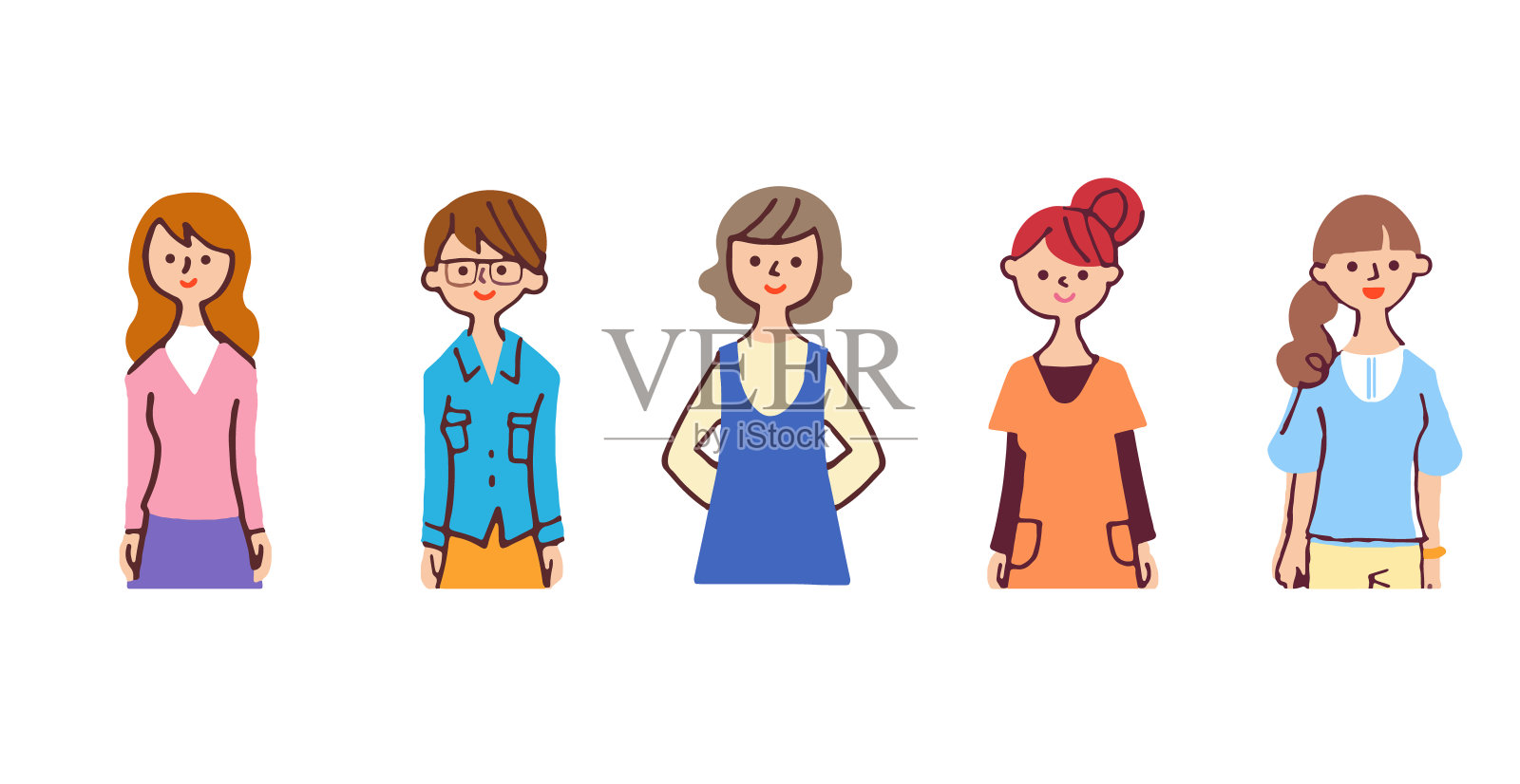 五种类型的日本年轻女性插画图片素材