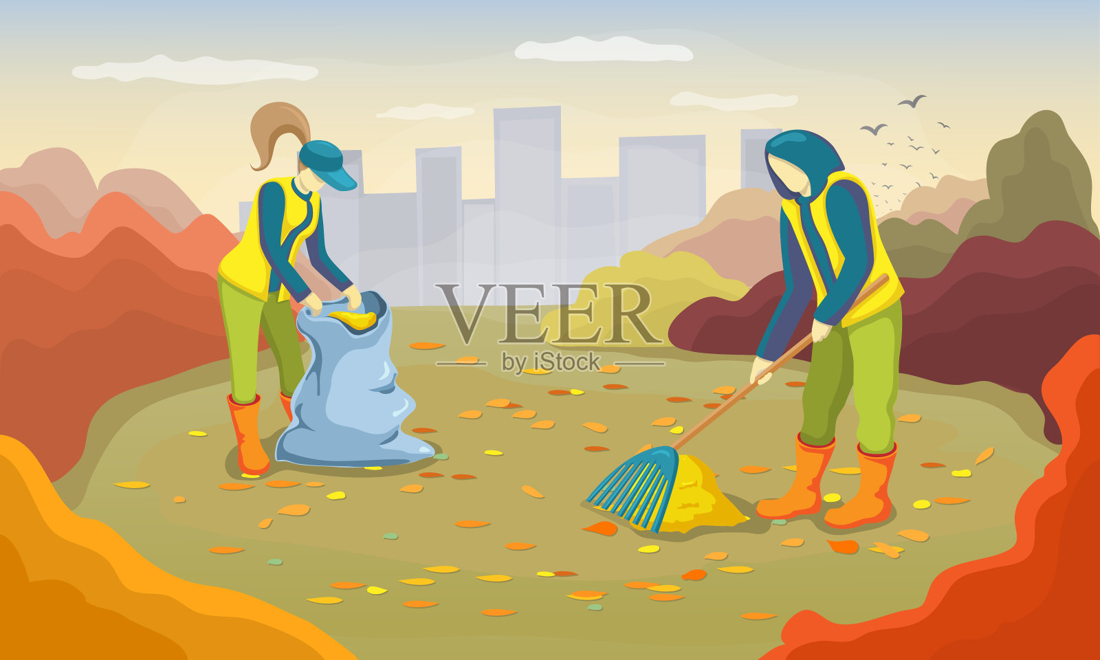 年轻的志愿者们在城市公园里清理秋叶。男男女女在花园里忙着耙树叶。矢量插图的秋天清扫日。季节性清洁服务理念插画图片素材