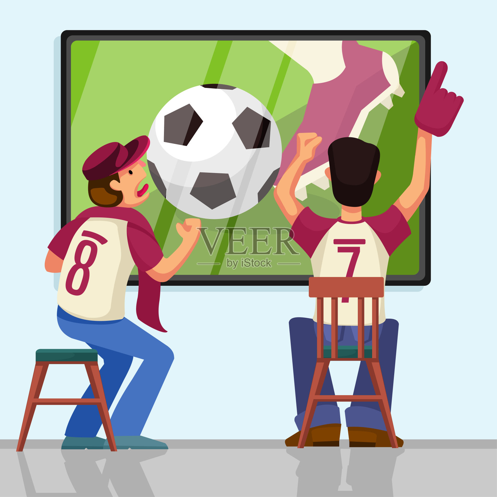卡通色彩人物人物足球球迷电视概念。向量插画图片素材