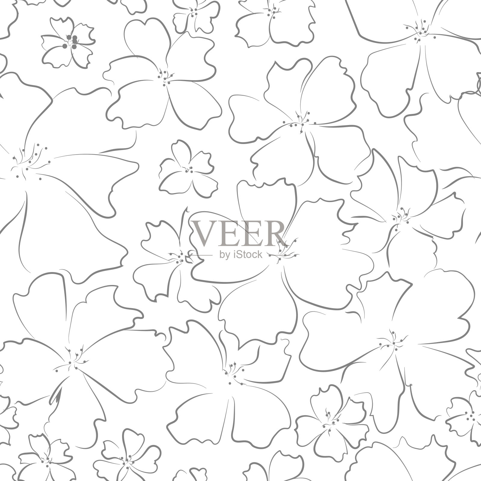 手绘灰色轮廓的抽象花朵在白色的背景。插画图片素材