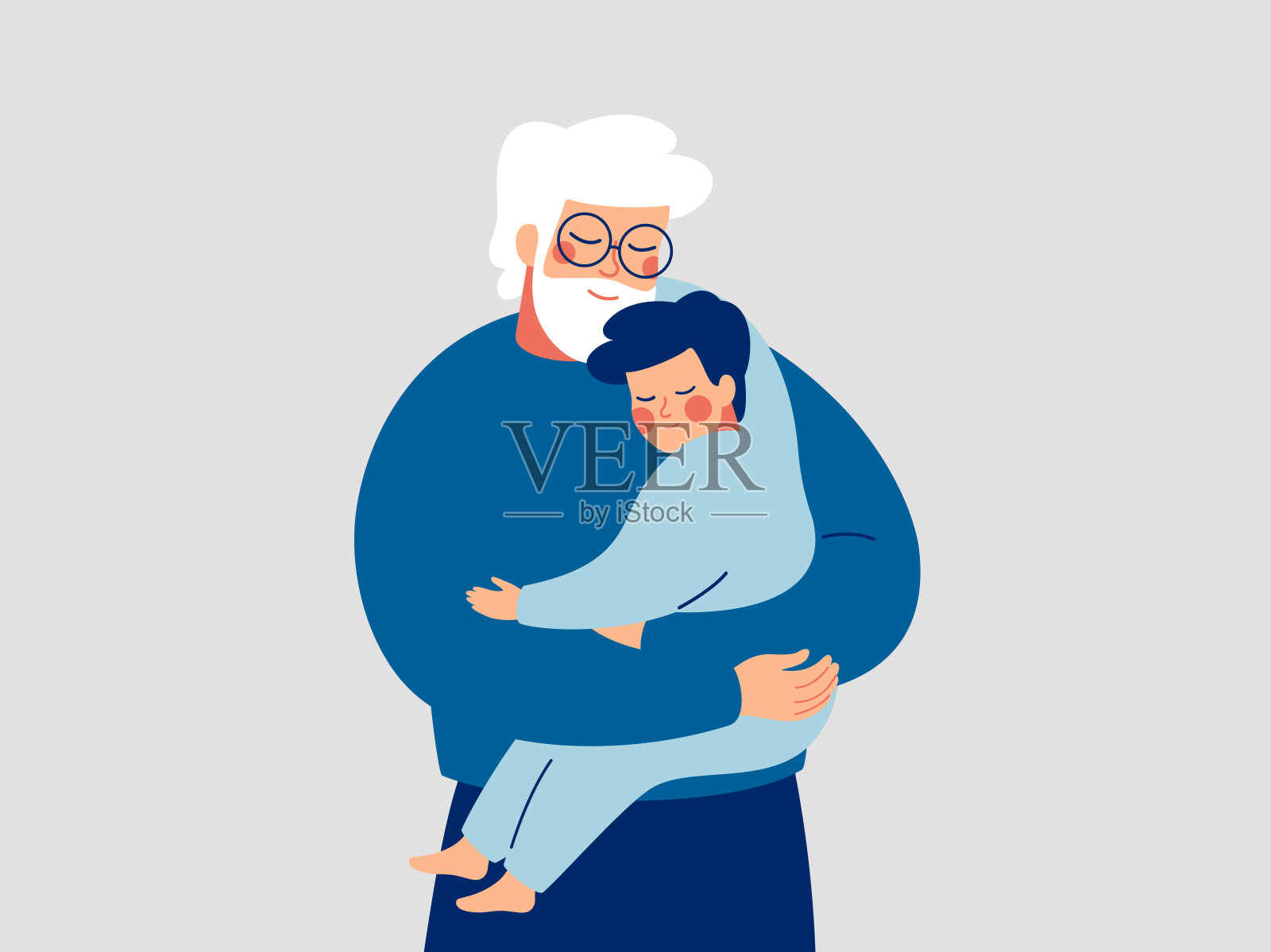 老父亲用关爱拥抱儿子。快乐的爷爷拥抱他的孙子。祝爸爸和小男孩父亲节快乐插画图片素材