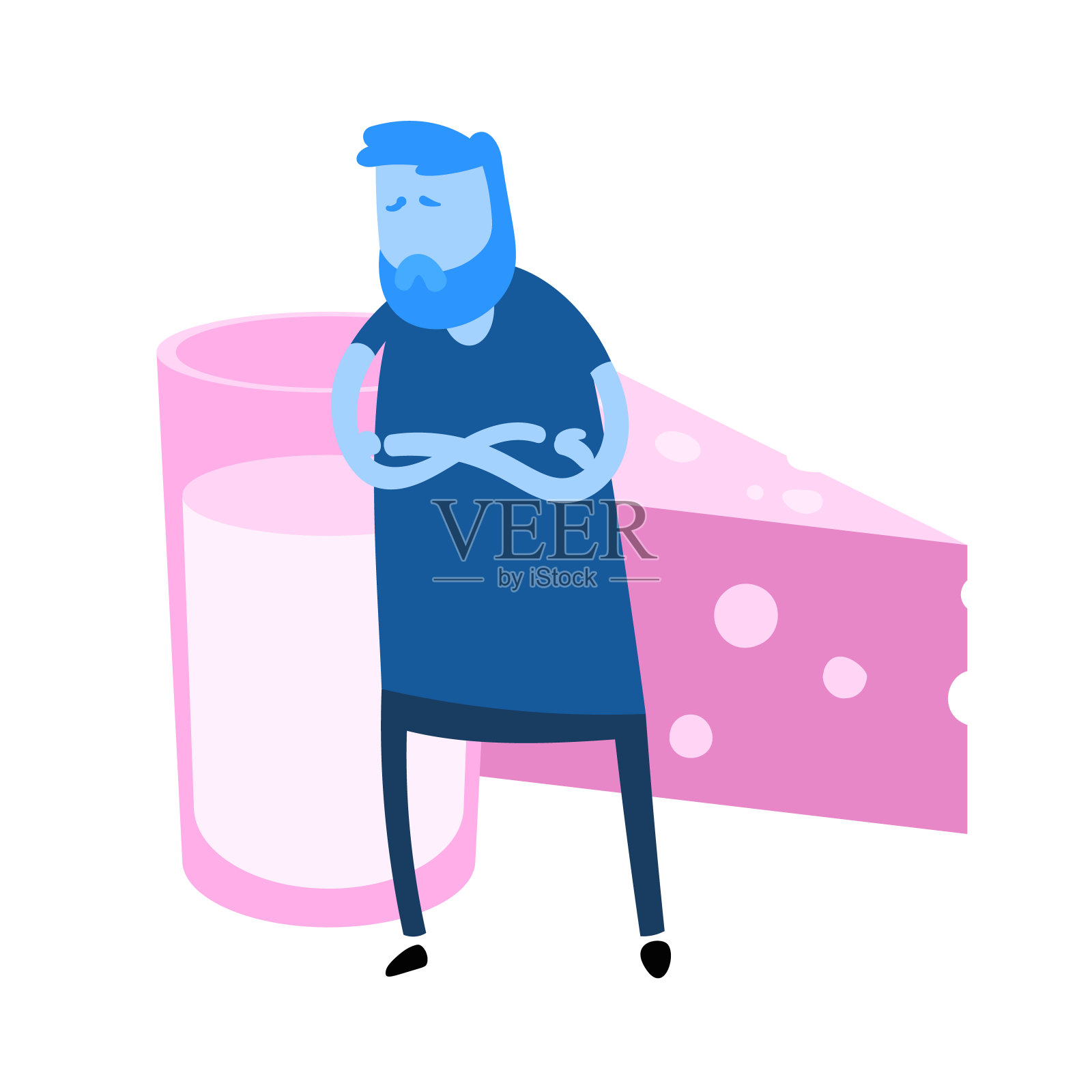 卡通人物双臂交叉在牛奶和奶制品前。平面设计图标。彩色的平面矢量插图。孤立在白色背景上。插画图片素材