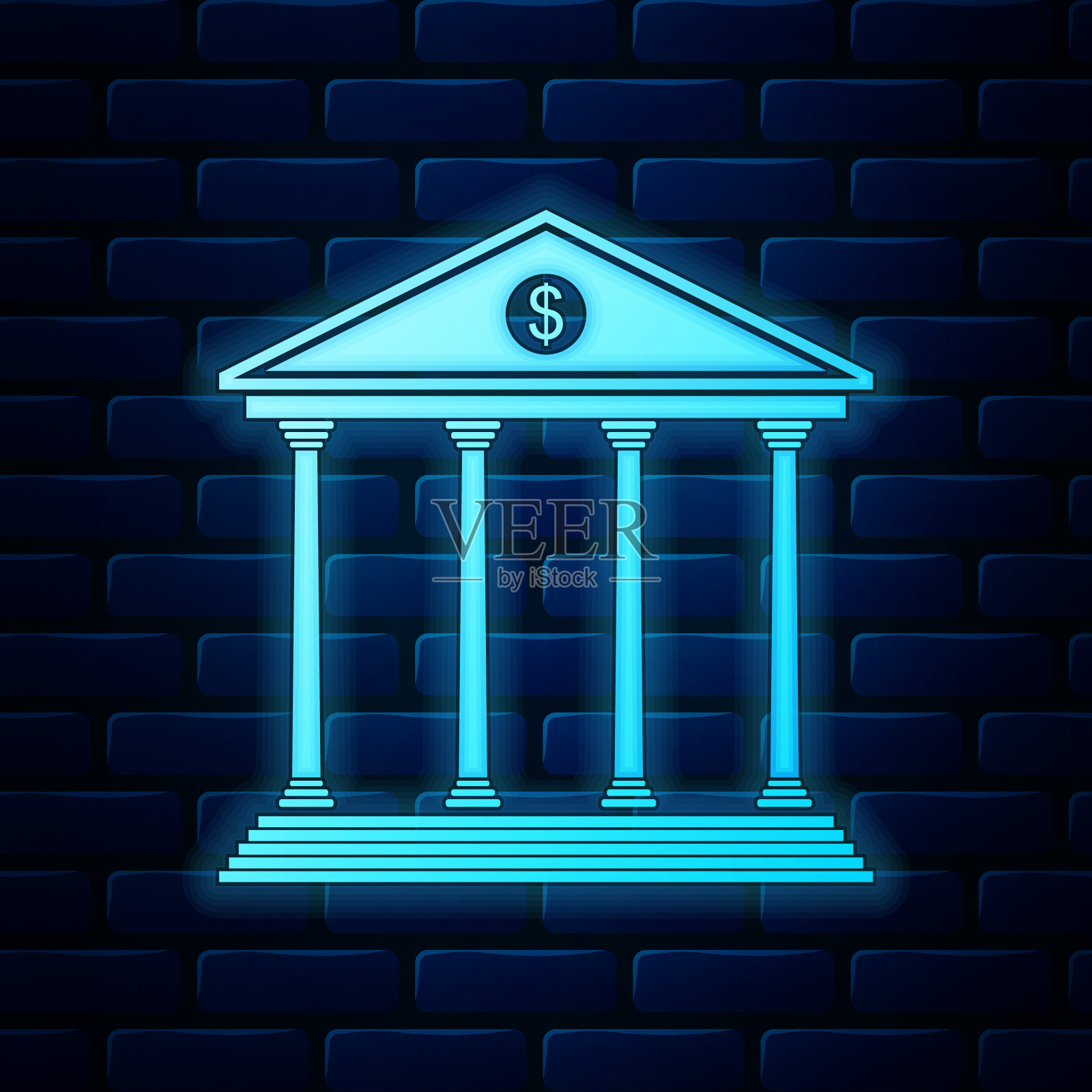 发光的霓虹银行建筑图标孤立在砖墙背景上。矢量图插画图片素材