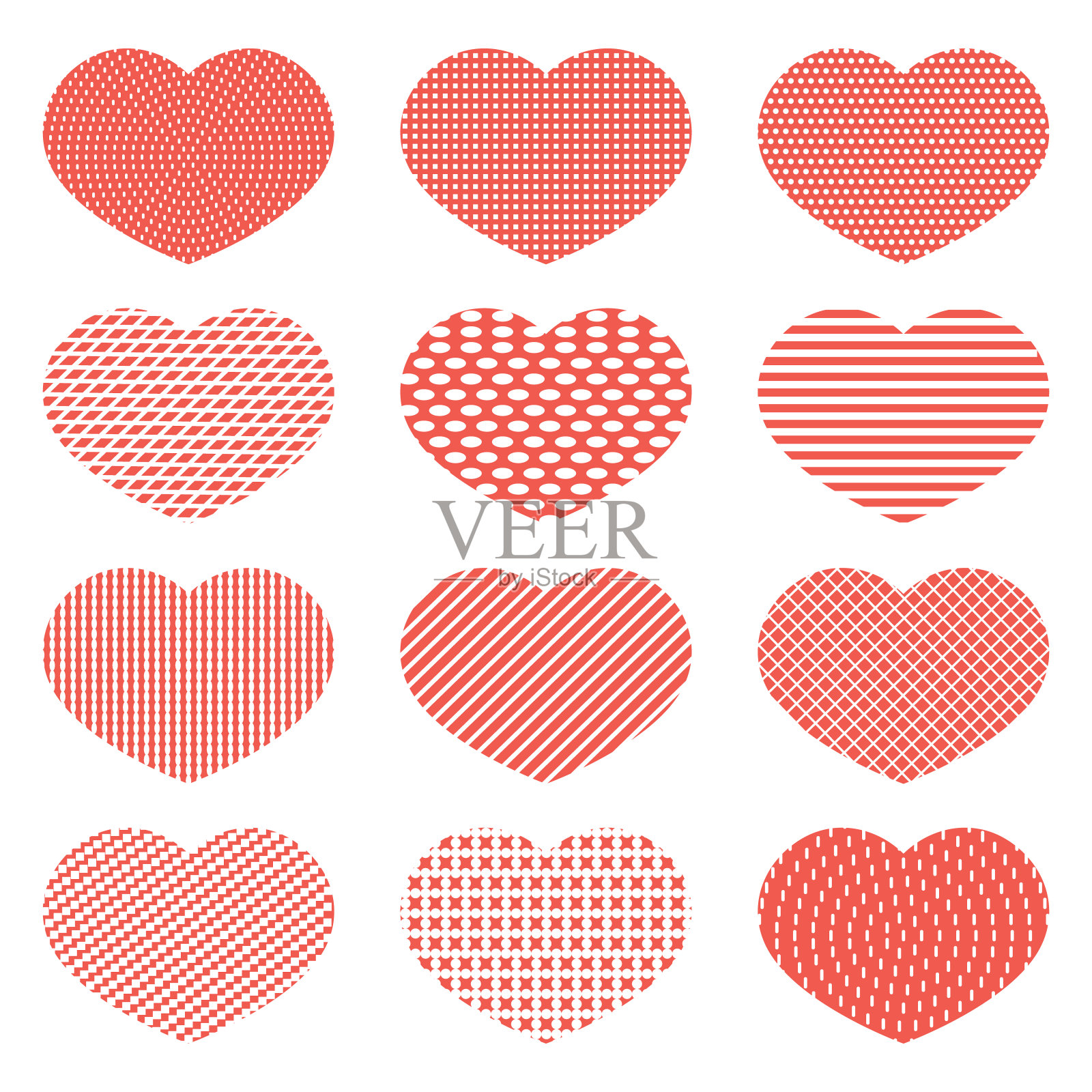 一组红色的心与纹理的点，正方形和线。设计图标，横幅，贴纸。情人节。设计元素图片