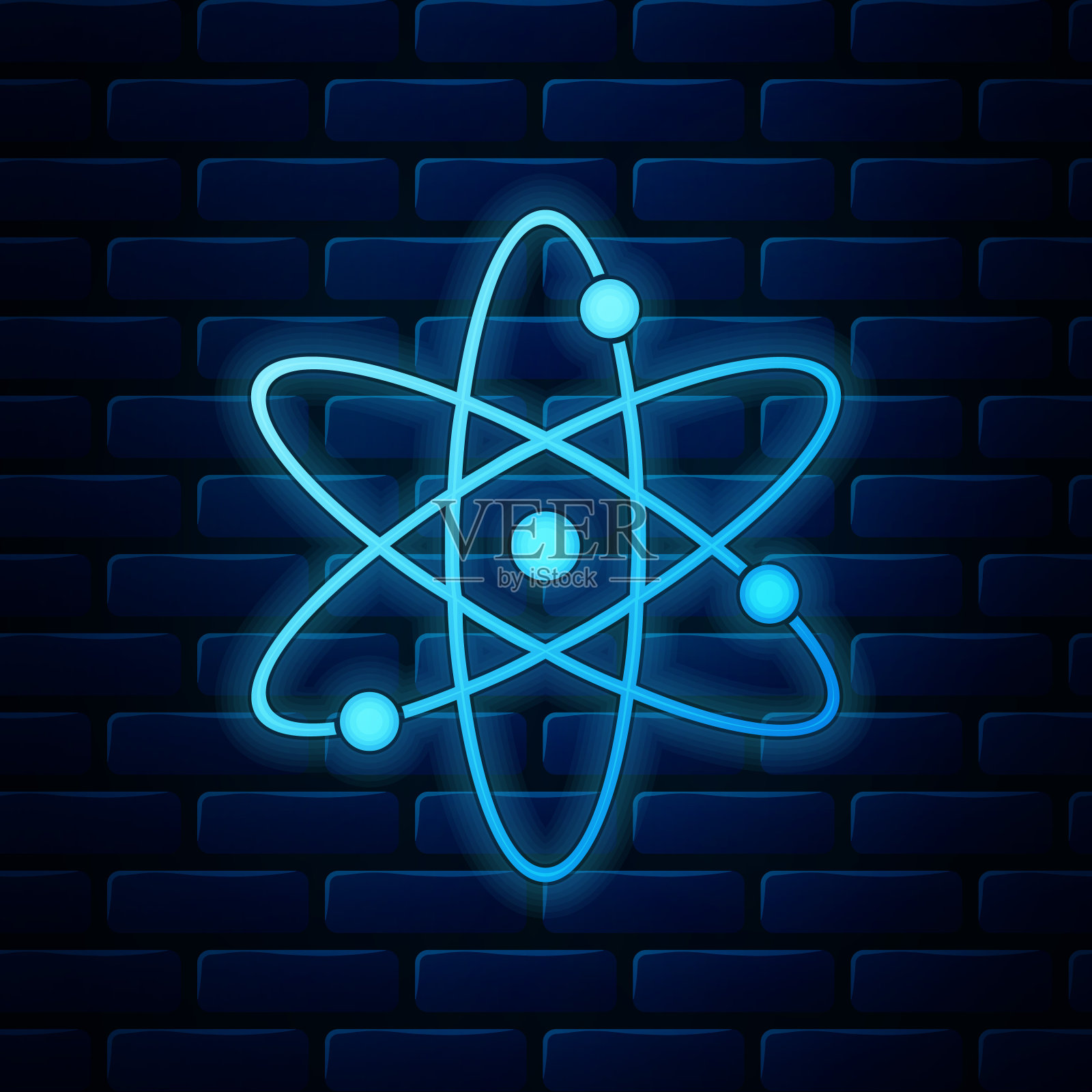 发光的氖原子图标孤立在砖墙的背景上。象征科学、教育、核物理、科学研究。电子和protonssign。矢量图插画图片素材