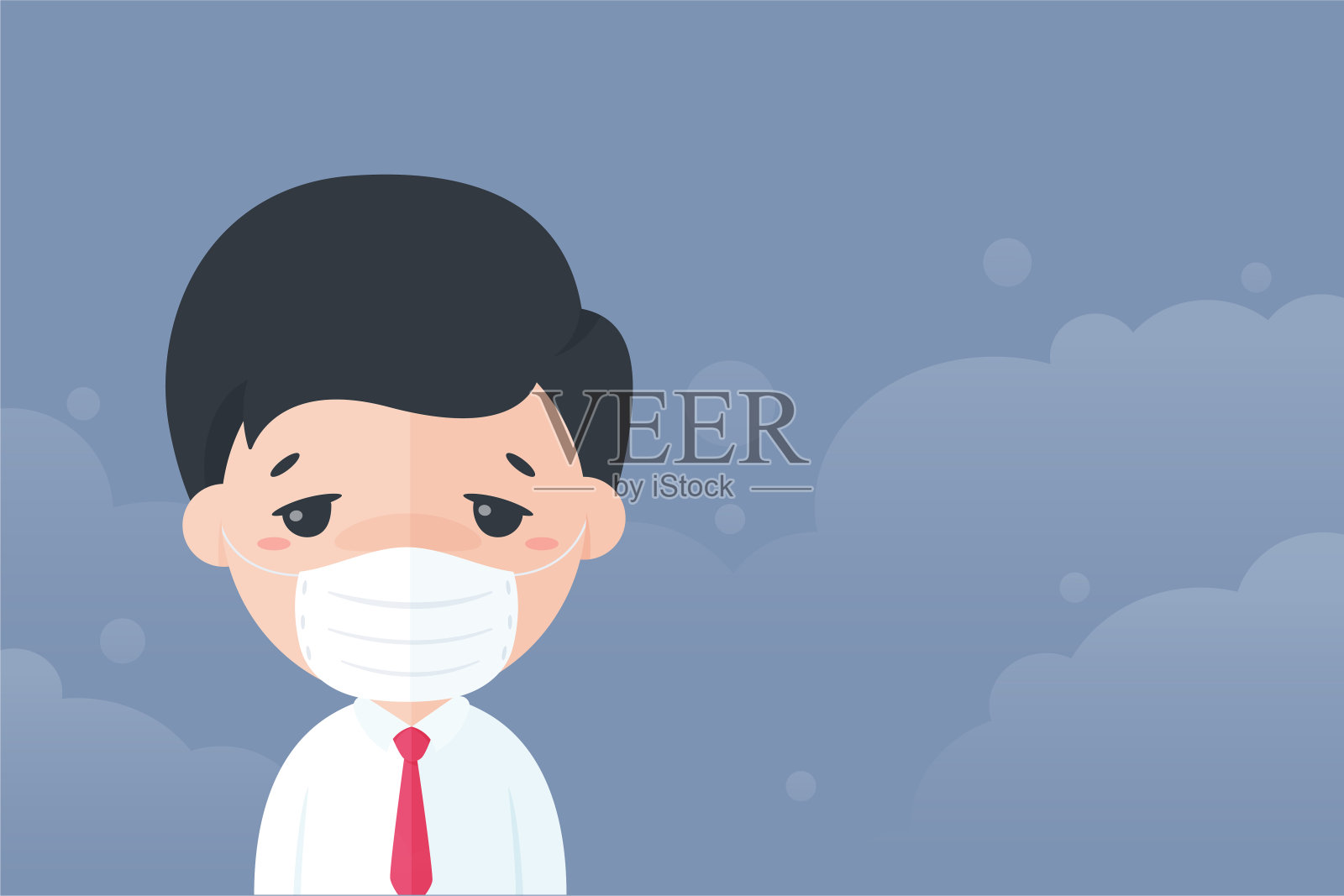 矢量卡通职员戴着口罩，以防止PM2.5粉尘对空气的污染。插画图片素材