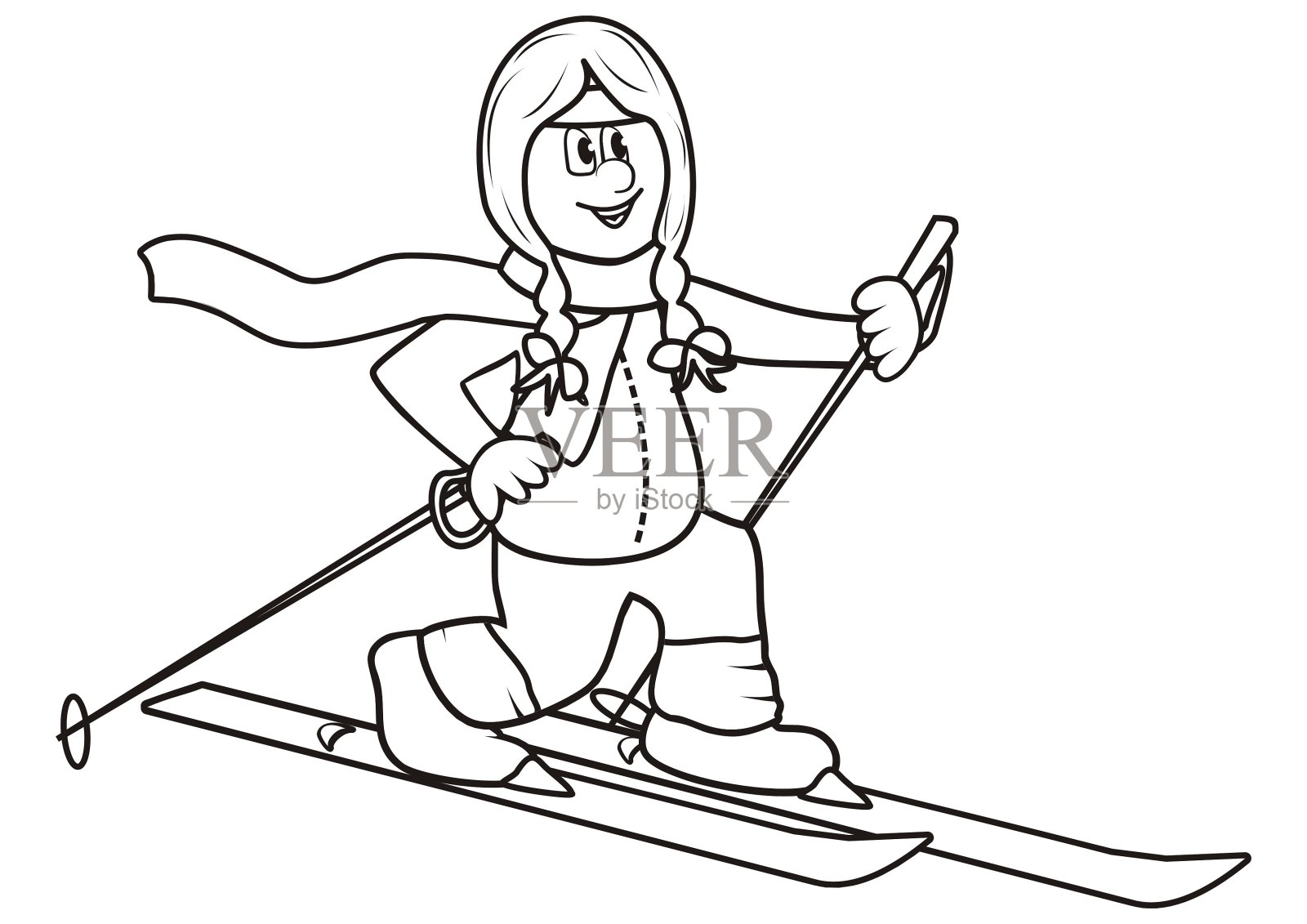 滑雪上的女人，涂色书，矢量插图设计元素图片