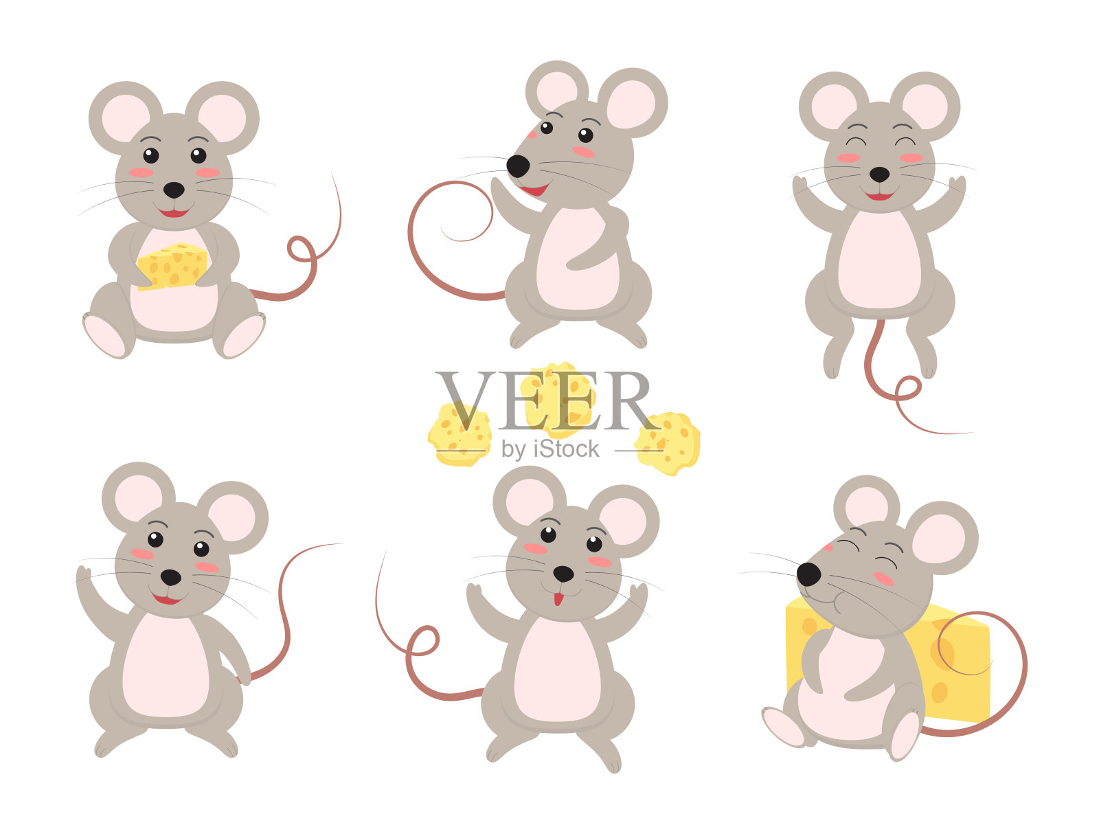 可爱的卡通老鼠矢量设置在不同的情感孤立在白色背景-矢量插图插画图片素材