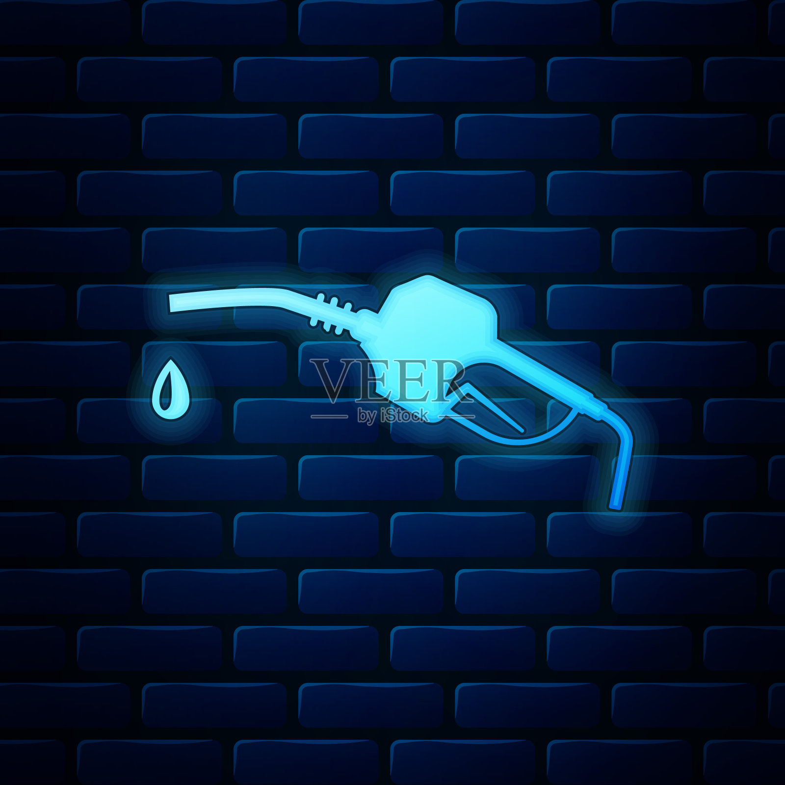 发光的霓虹灯汽油泵喷嘴图标隔离在砖墙背景上。燃油泵加油站。加油服务标志。加油站图标。矢量图插画图片素材
