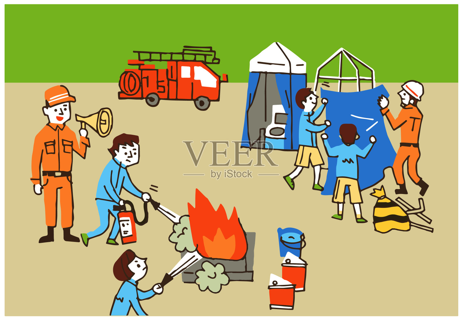 消防队员指导儿童进行灭火训练插画图片素材