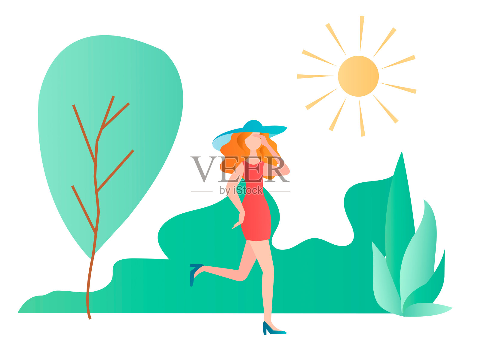 在一个阳光明媚的日子里，一个美丽的女孩在绿色的公园里散步。设计元素图片