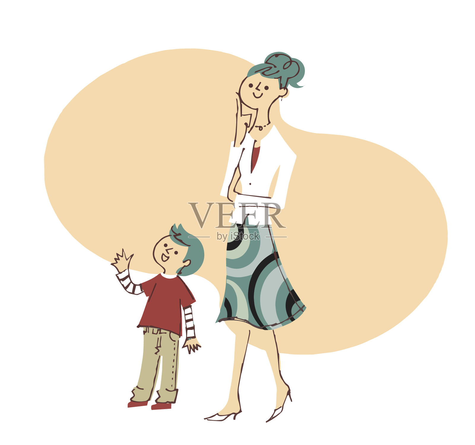 思考的女人和她的儿子插画图片素材